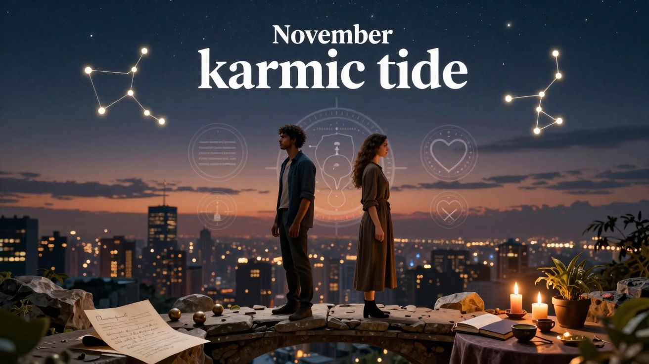 Casal de costas num terraço à noite, céu estrelado e constelações com texto "November karmic tide" acima.