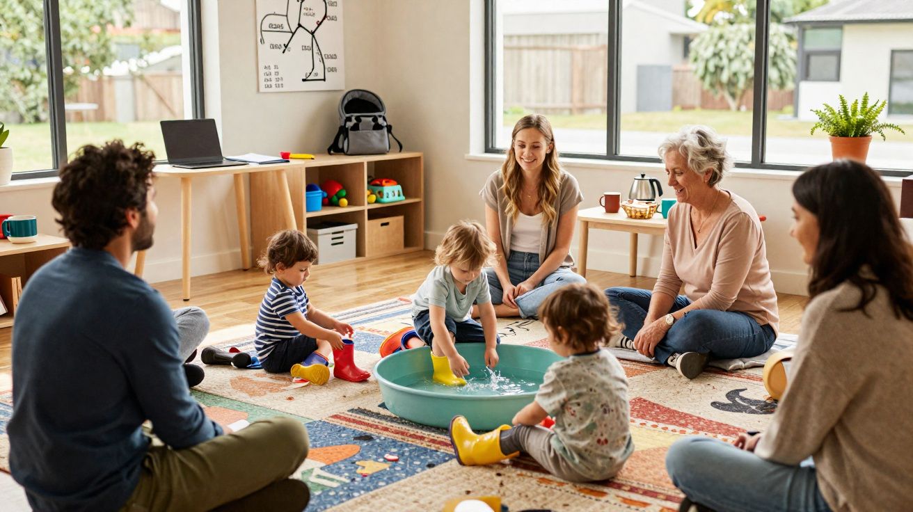 Crianças a brincar com água numa bacia rodeadas por adultos sentados no chão numa sala iluminada.