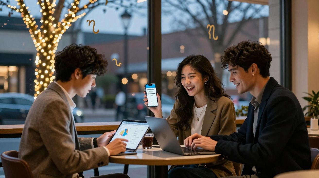 Três jovens sentados numa mesa de café, a trabalhar em dispositivos digitais com uma janela grande ao fundo.