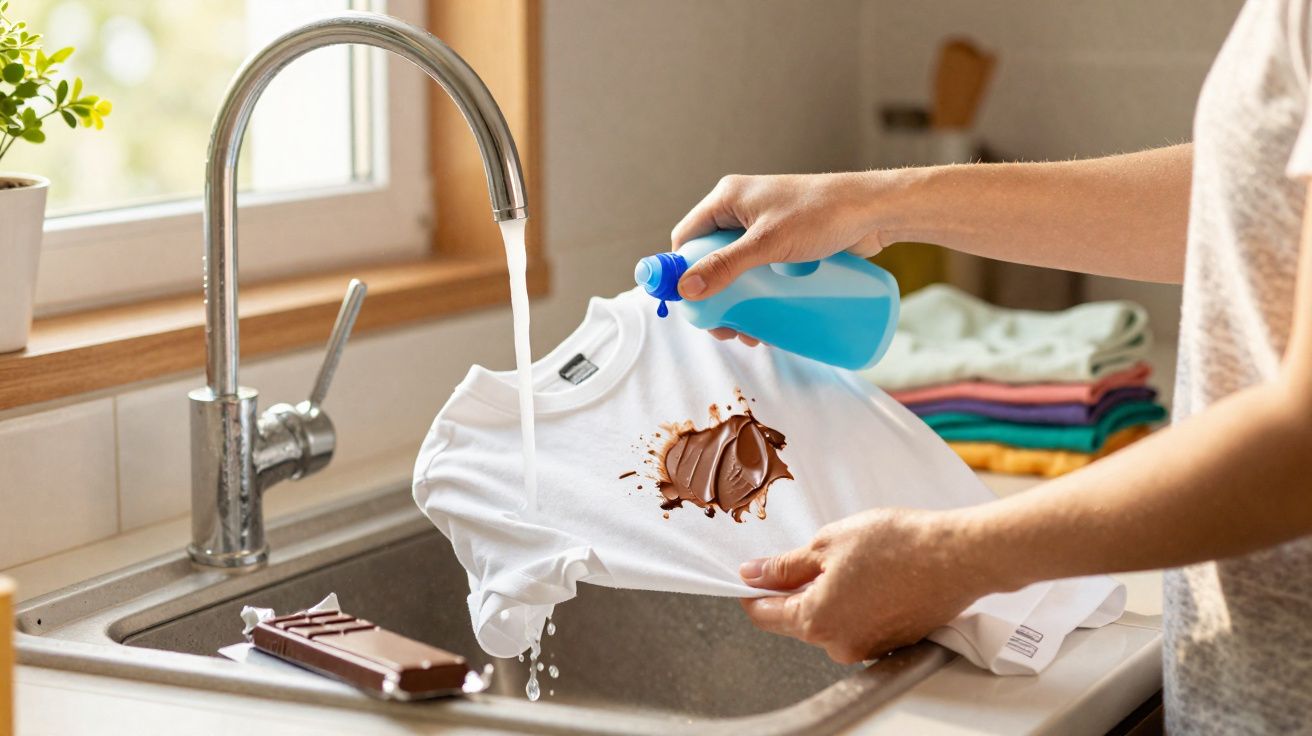 Pessoa a aplicar detergente numa t-shirt branca manchada com chocolate, junto à torneira da cozinha.