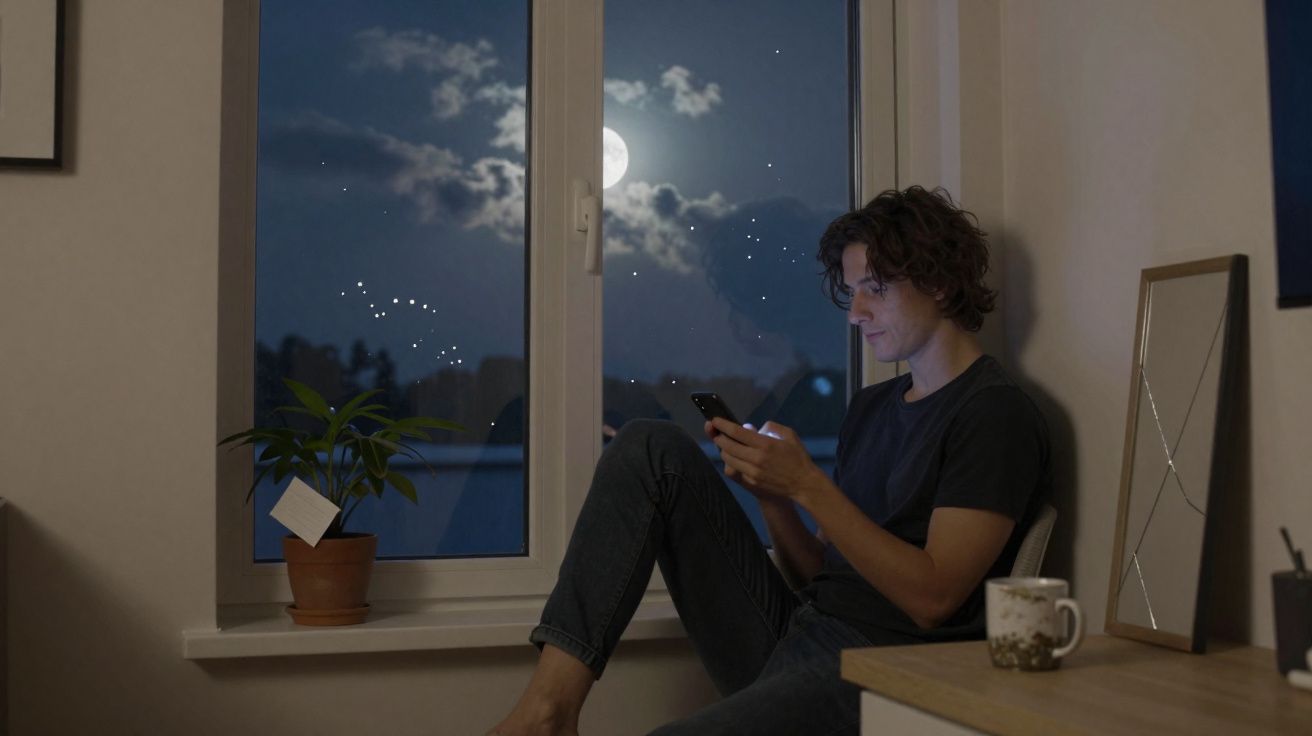 Jovem sentado no peitoril da janela à noite, a olhar para o telemóvel com uma caneca e planta ao lado.