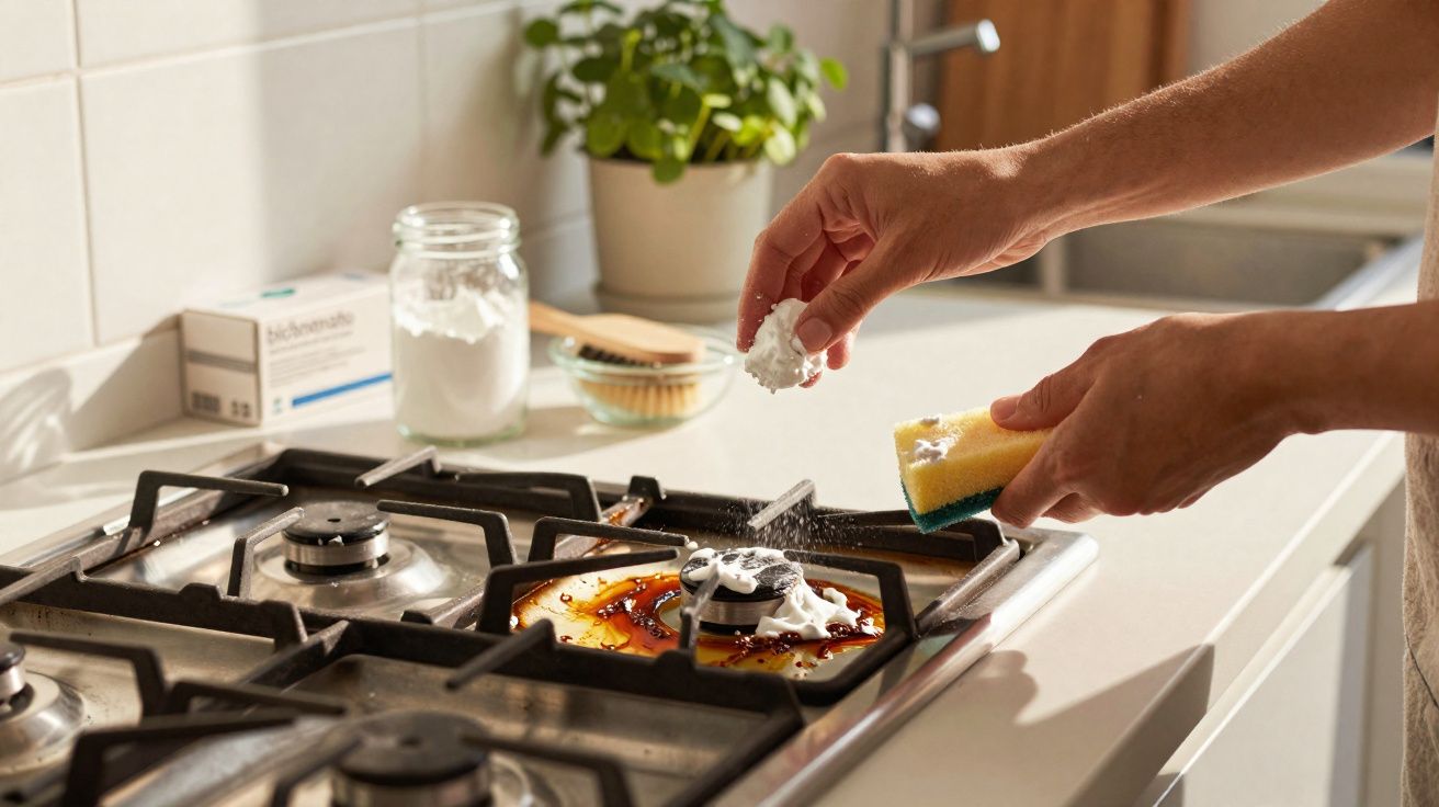 Pessoa a polvilhar bicarbonato de sódio num fogão sujo e a segurar uma esponja para limpar.