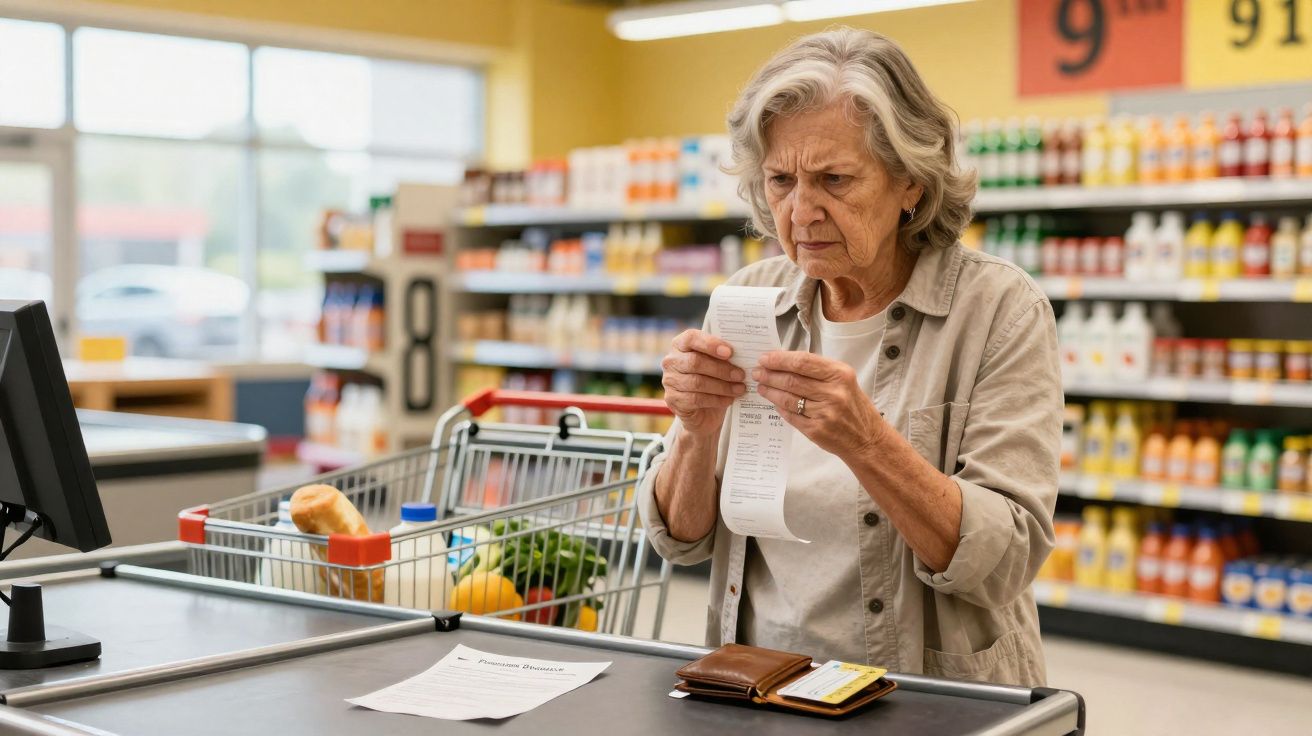 Idosa numa loja a olhar atentamente para um talão de compras, com carrinho cheio ao lado.