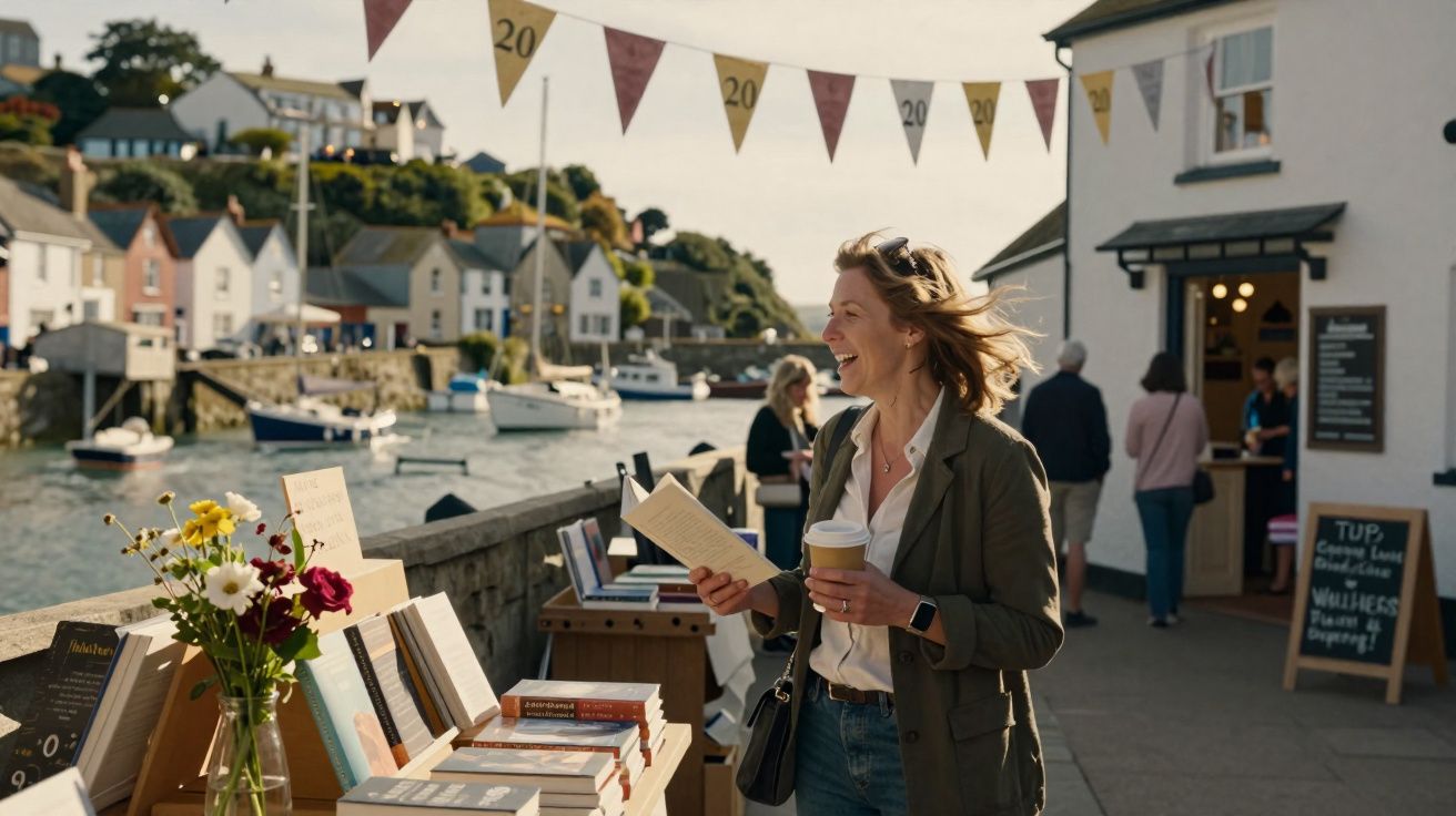 Mulher a sorrir manuseando livro e café em feira ao ar livre junto a cais com barcos e casas coloridas.