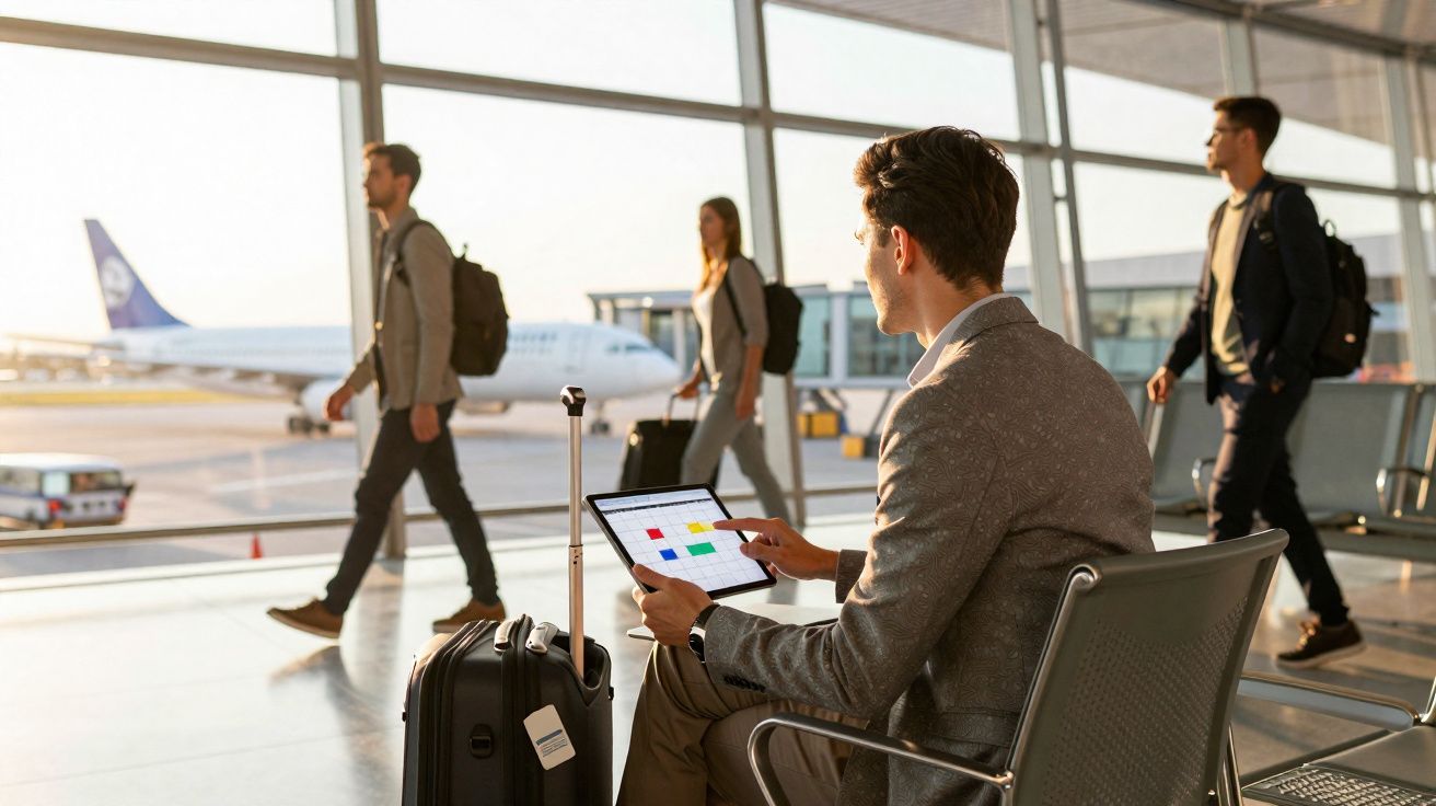 Homem sentado no aeroporto com mala e tablet, outras pessoas a caminhar junto a janelas com avião no fundo.