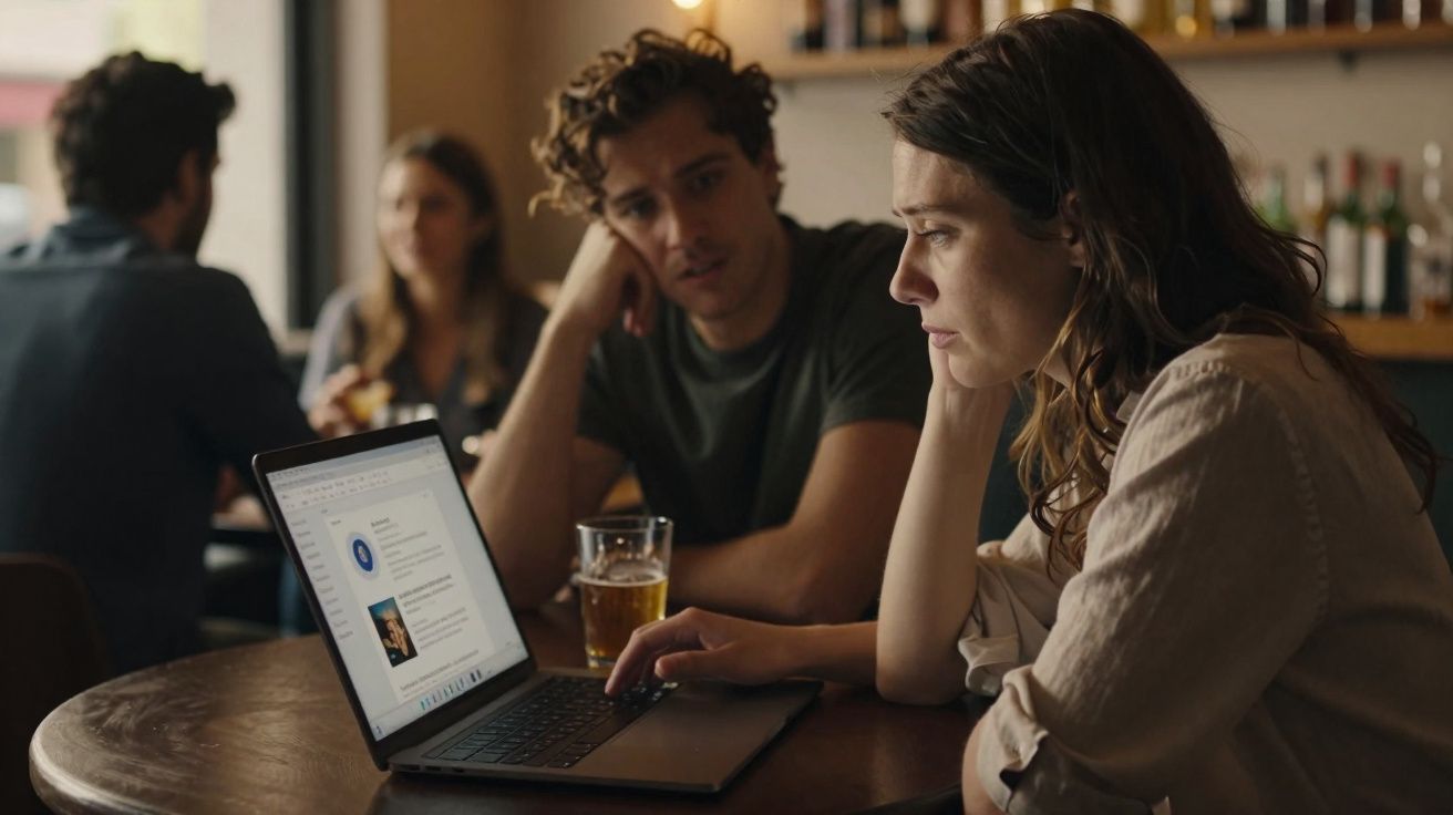 Pessoa concentrada a trabalhar num portátil numa mesa de bar, com outra pessoa ao lado observando.