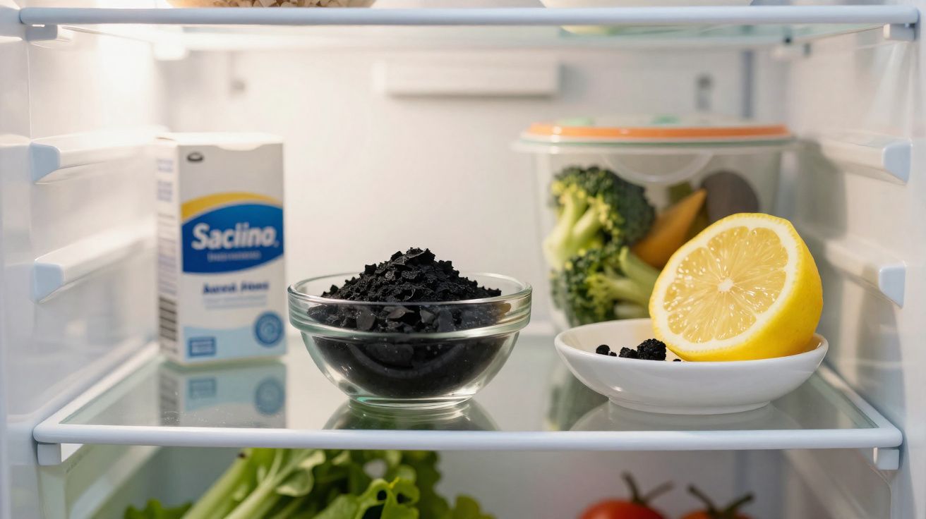 Interior de frigorífico com limão cortado, brócolos, legumes, leite de arroz e pedaços de carvão ativado em taças.