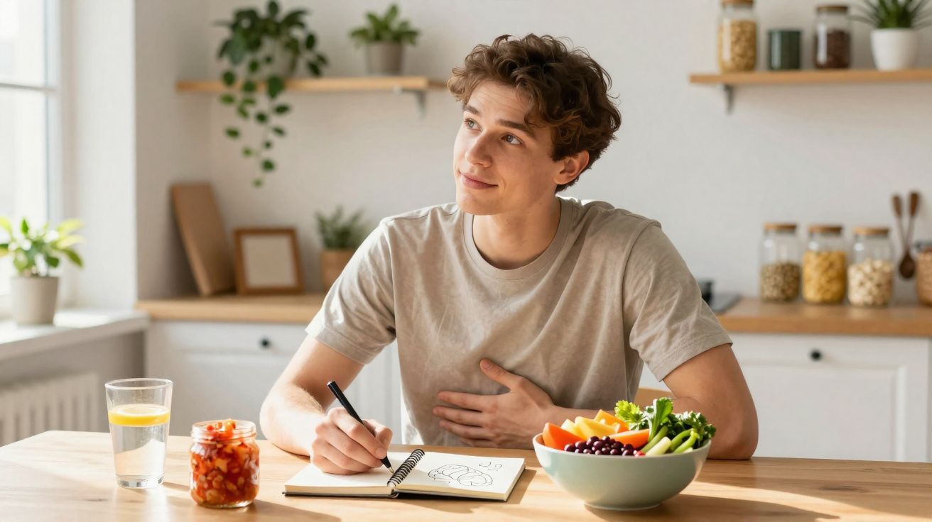 Jovem sentado à mesa na cozinha, a desenhar num caderno, com um copo de água e tigela de legumes à frente.