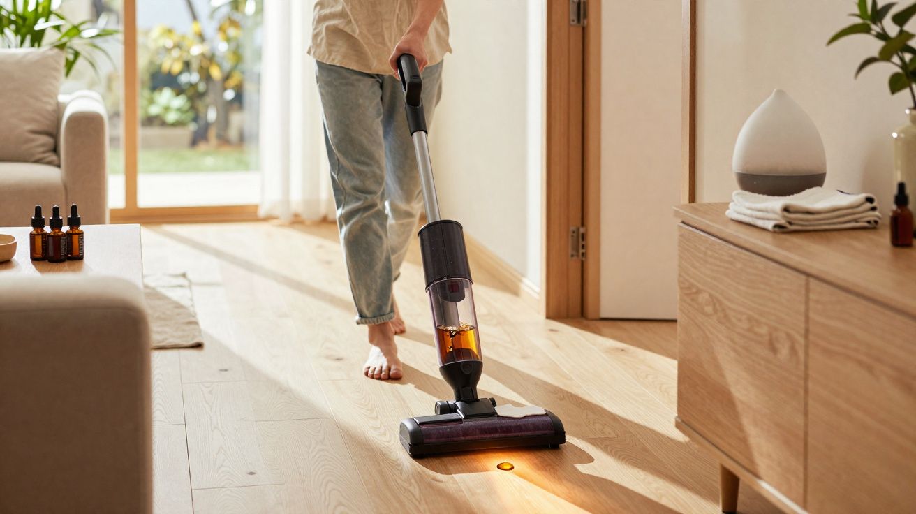 Pessoa a aspirar chão de madeira com aspirador sem fios num interior iluminado e moderno.