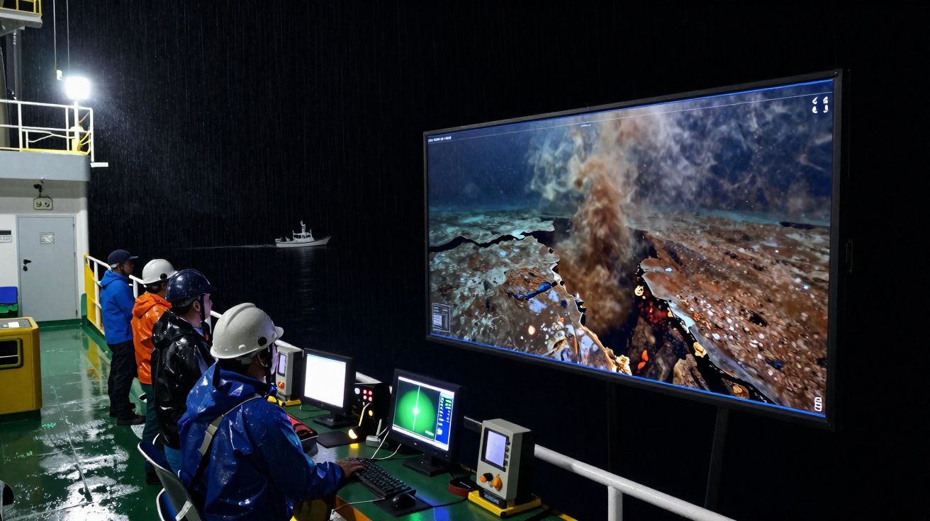 Equipe com capacetes observa dados em monitores e grande ecrã mostra atividade geotérmica no fundo marinho à noite.