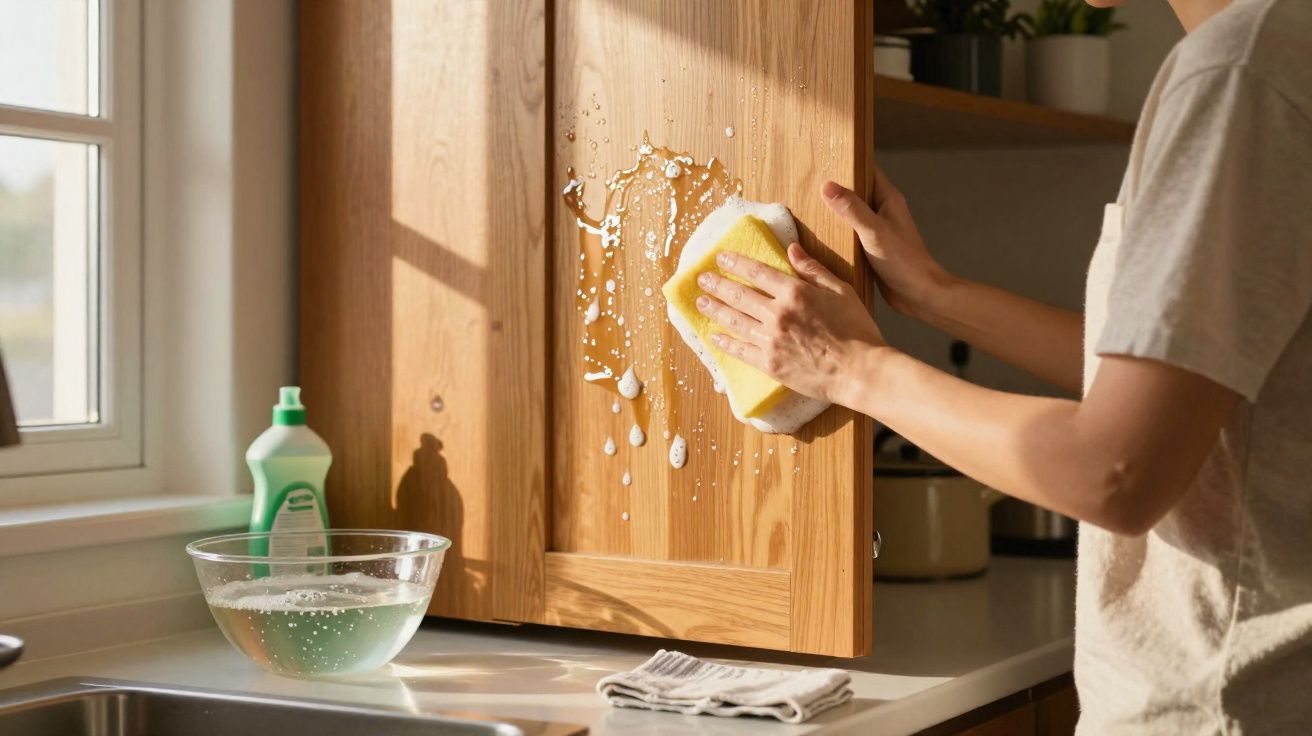 Pessoa a limpar a porta de armário de cozinha em madeira com esponja e detergente.