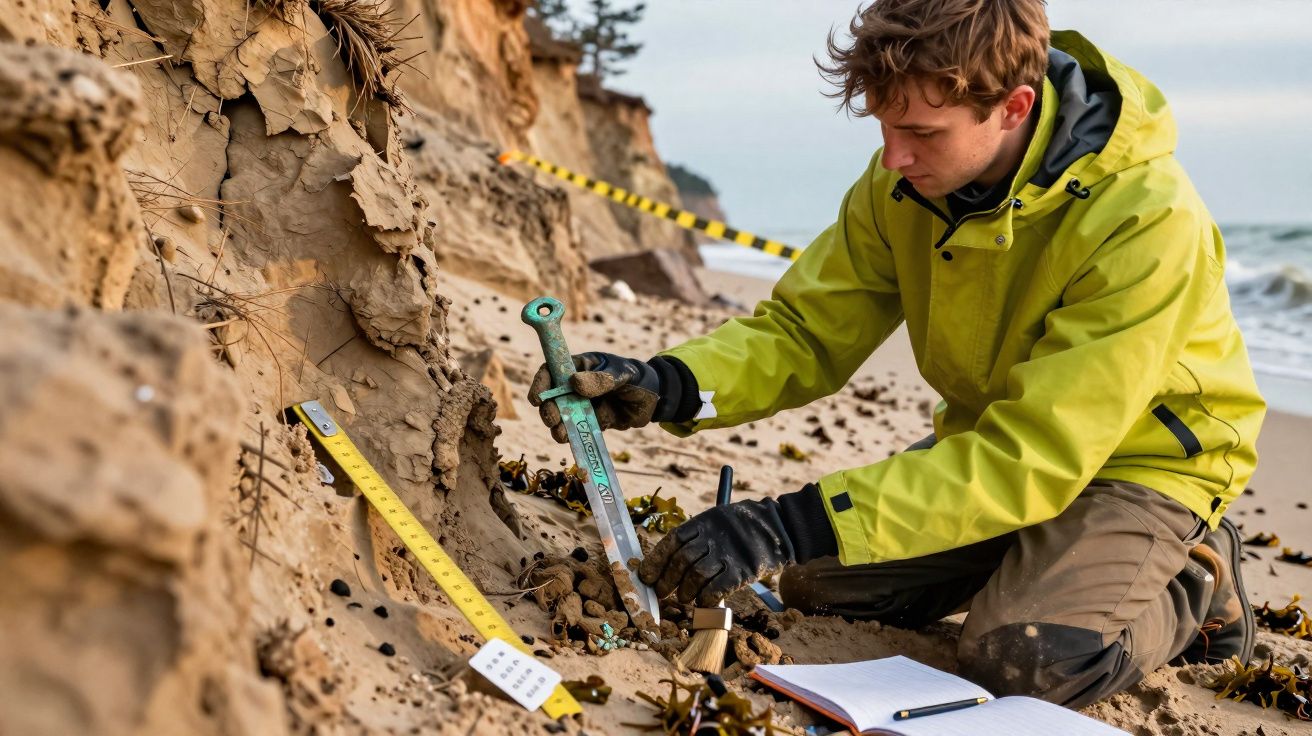 Jovem a escavar sedimentos numa falésia costeira para estudo geológico, com equipamento e caderno.