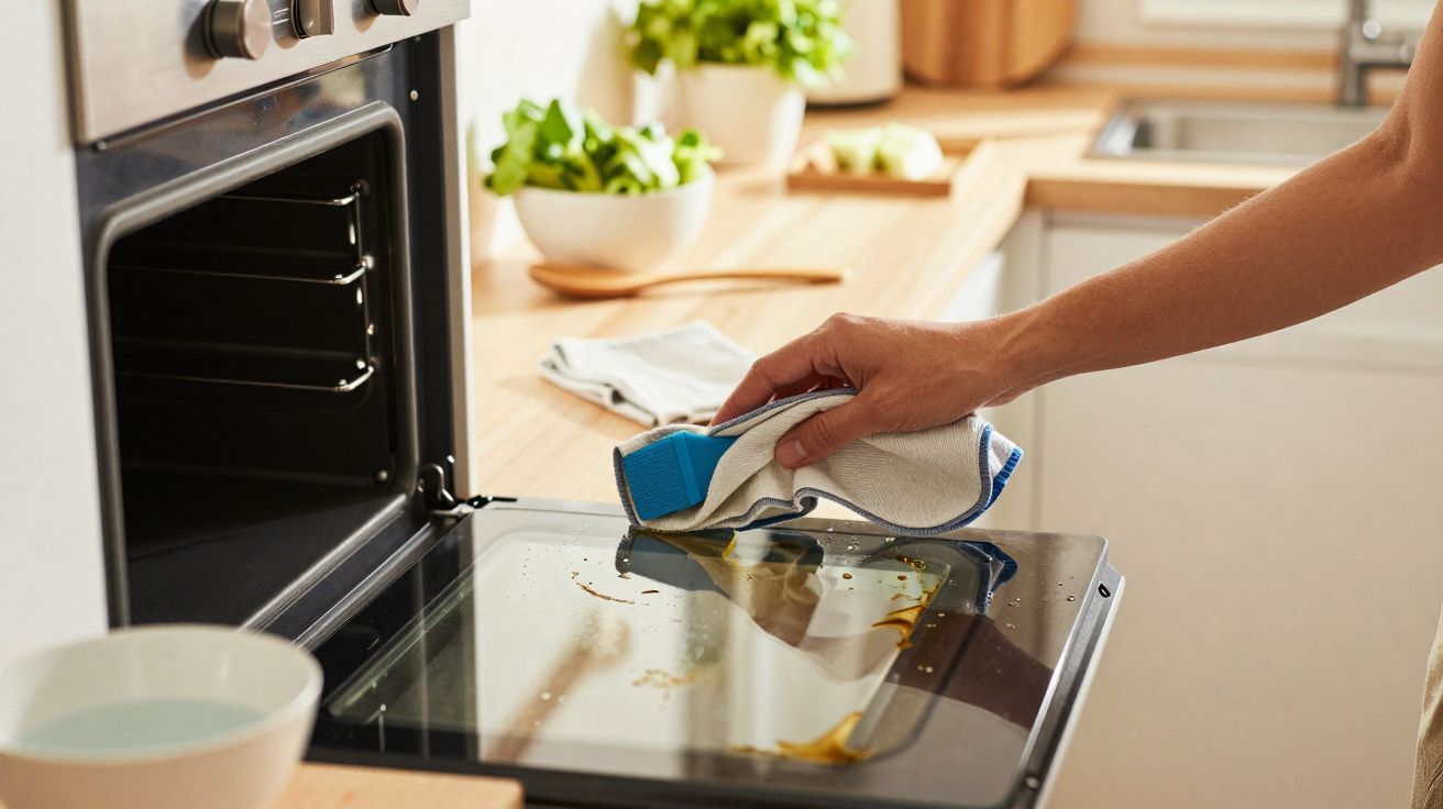 Pessoa a limpar a porta de vidro de um forno com um pano e esponja azul numa cozinha moderna.
