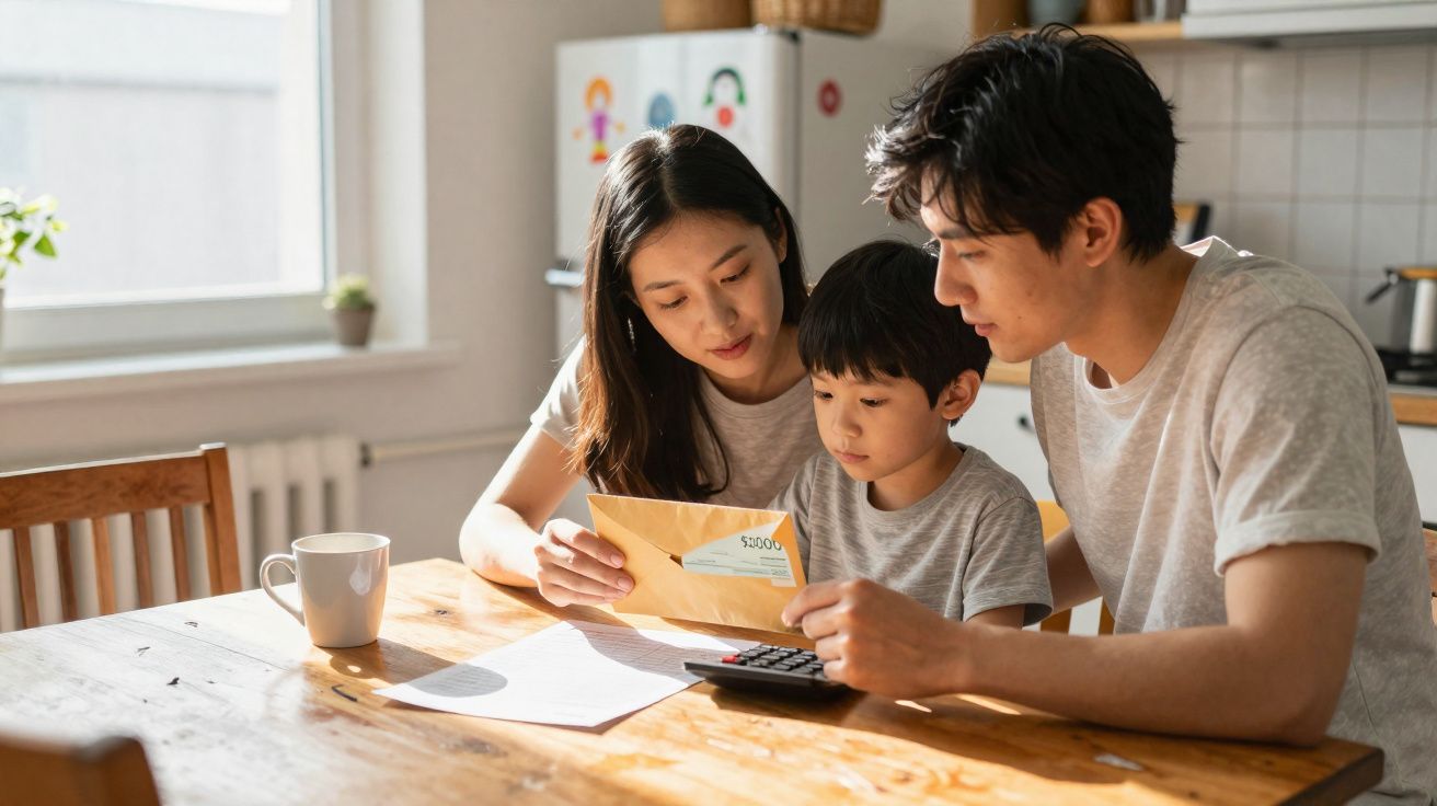Família asiática sentada à mesa a analisar uma carta e contas com uma calculadora numa cozinha iluminada.