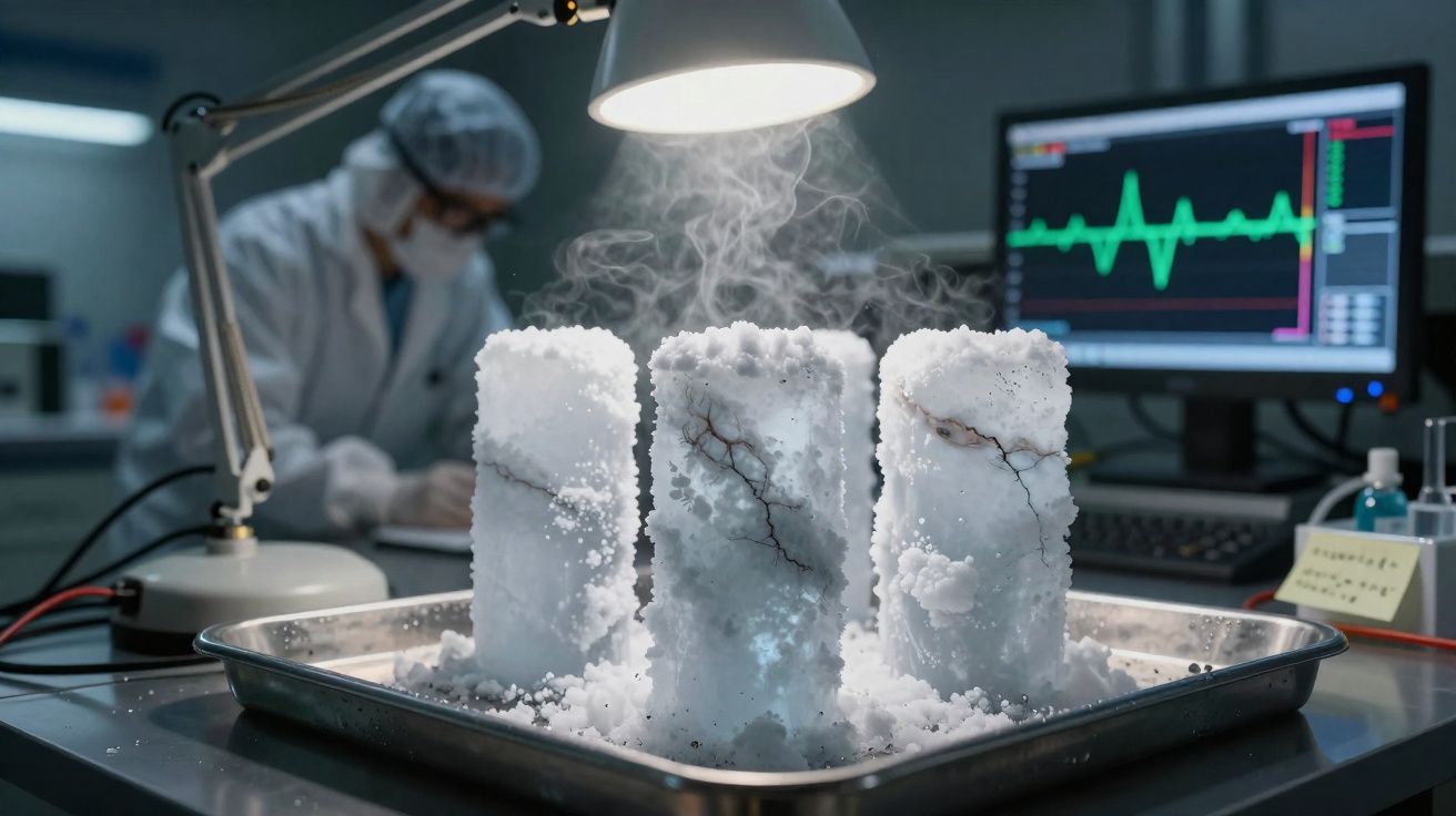 Cilindros congelados a libertar vapor num laboratório com investigador e monitor cardíaco ao fundo.