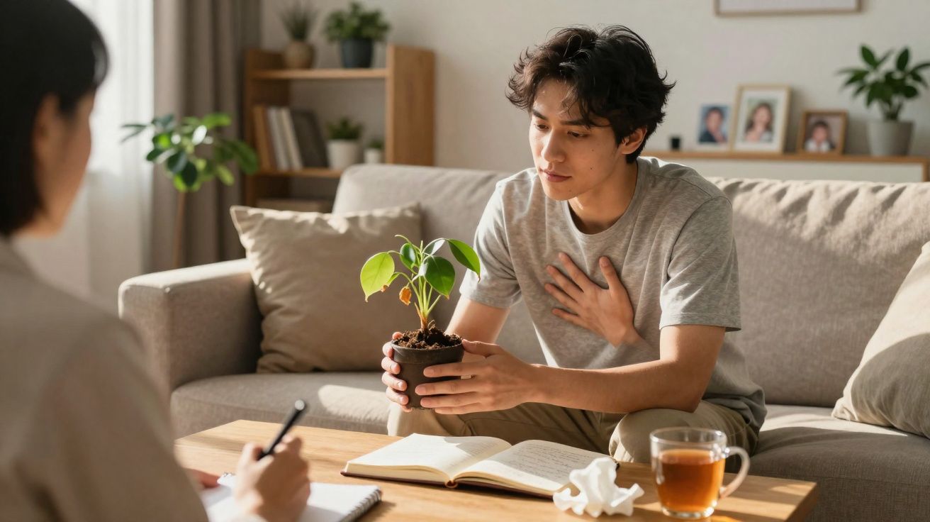 Homem sentado no sofá a segurar uma planta, falando com outra pessoa numa sala acolhedora.