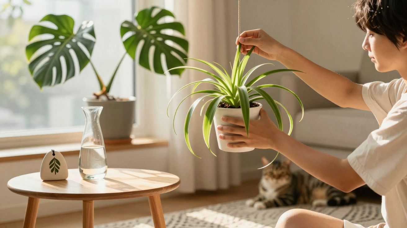 Pessoa a cuidar de planta pendurada numa sala com luz natural, mesa de madeira e gato ao fundo.