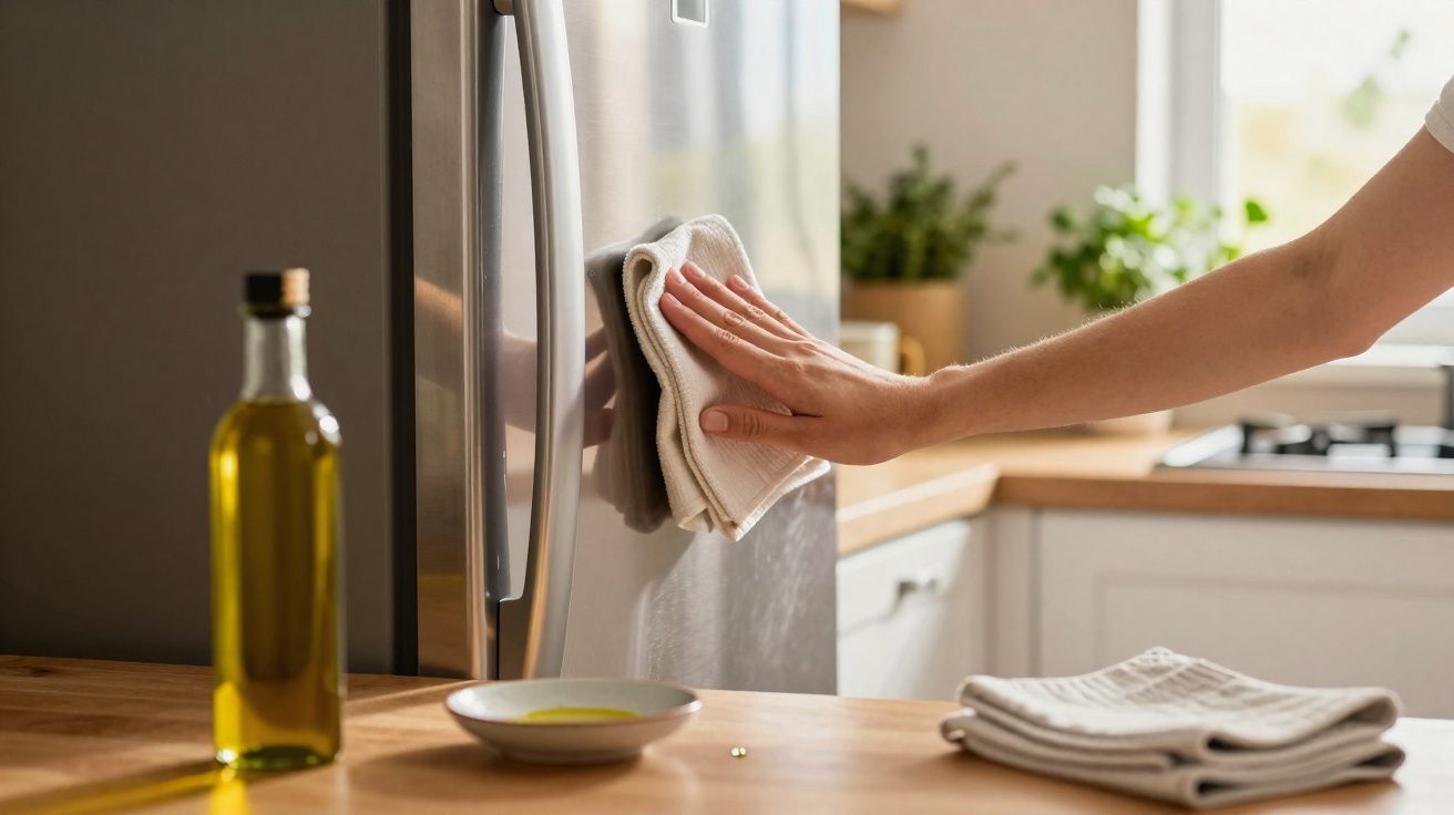 Pessoa a limpar frigorífico em cozinha moderna com pano e garrafa de azeite sobre bancada de madeira.