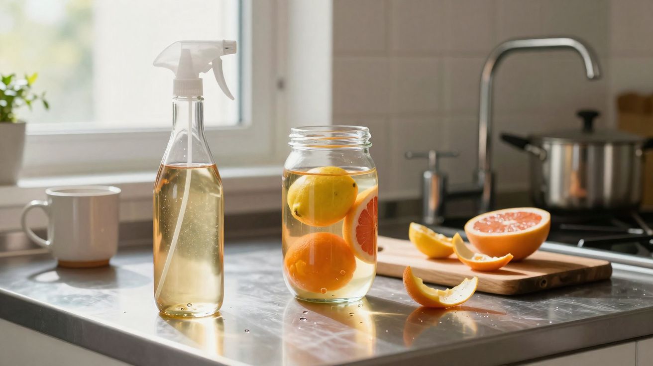 Frascos com spray e água aromatizada com limão, laranja e toranja numa bancada de cozinha iluminada.