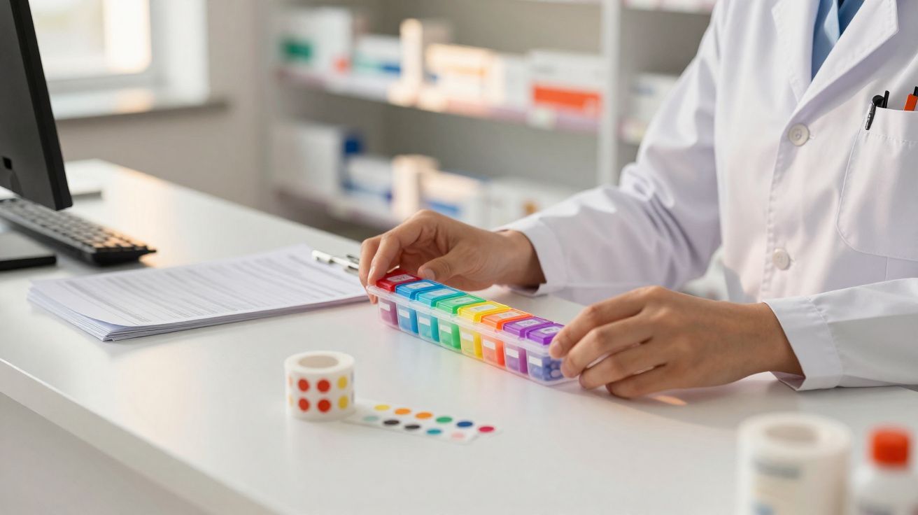 Pessoa de bata branca organizando caixa semanal de medicamentos coloridos numa farmácia.