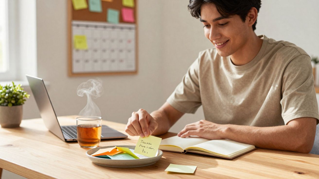 Jovem sentado numa mesa a escrever em livro aberto com post-its e chá quente ao lado.