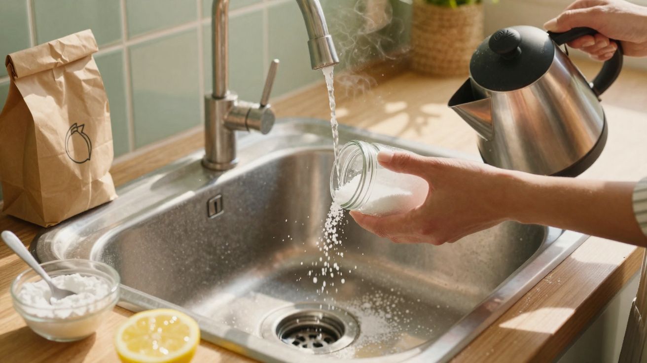 Pessoa a despejar bicarbonato de sódio na pia enquanto segura um jarro de água quente a ser vertida.