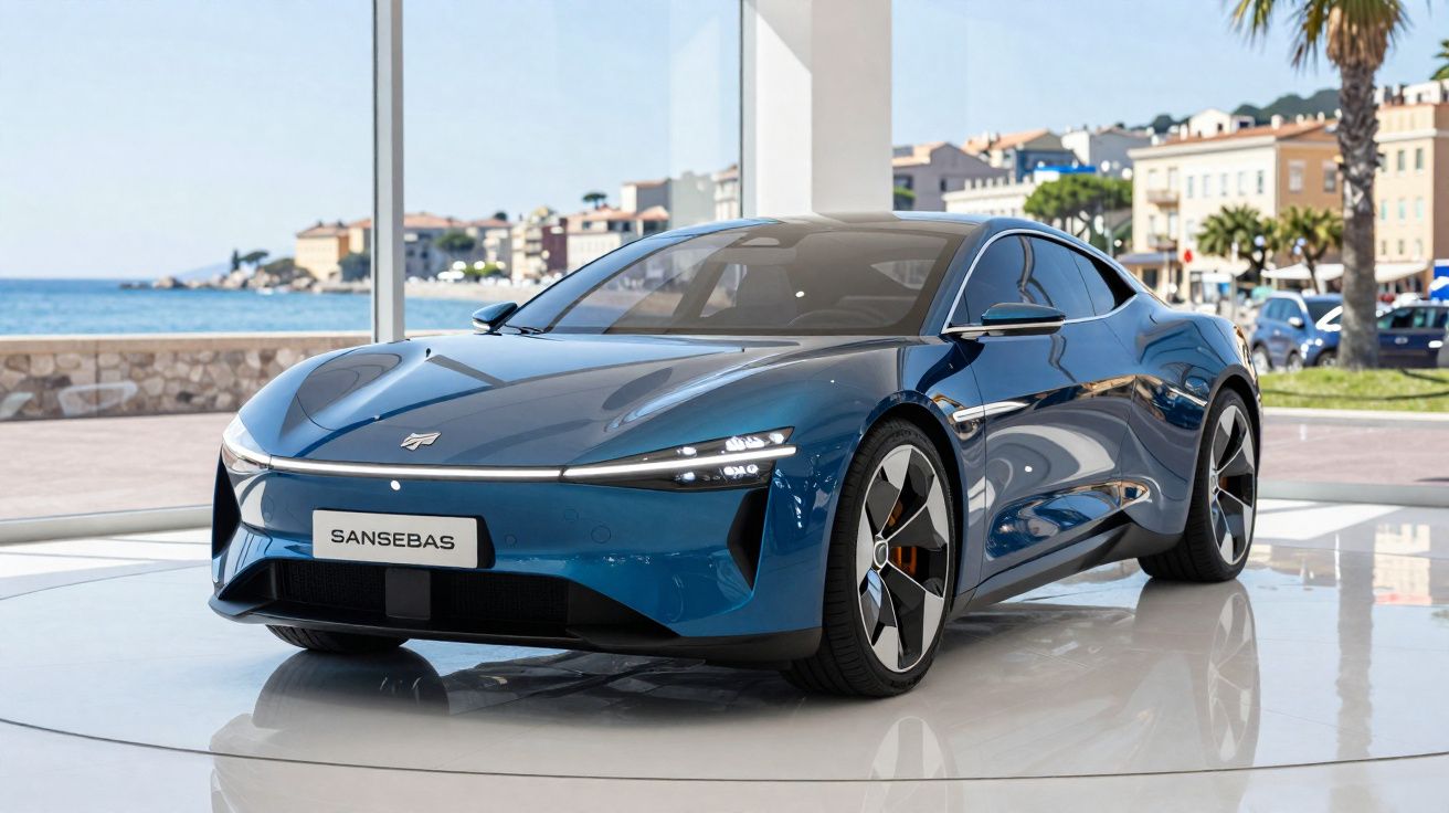 Carro desportivo elétrico azul num espaço interior com vista para o mar e edifícios costeiros.