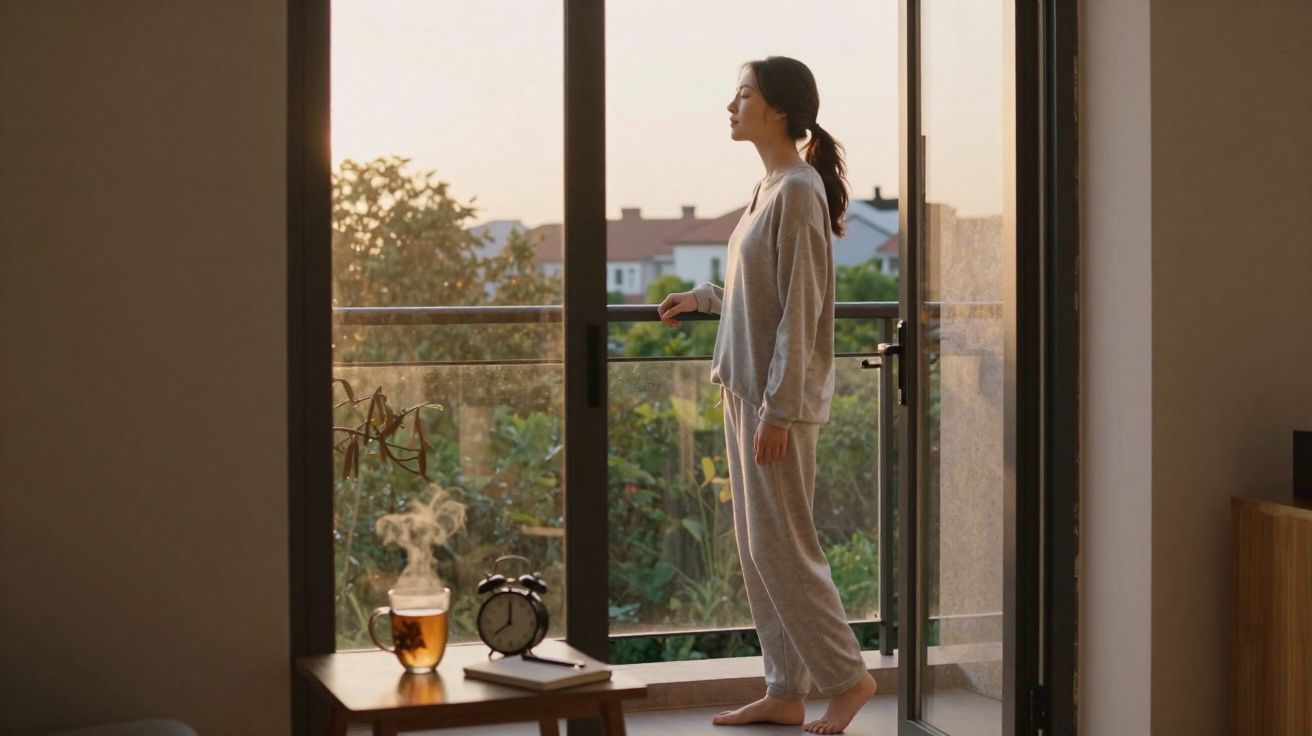 Mulher de pijama cinzento a respirar ar fresco numa varanda ao amanhecer.