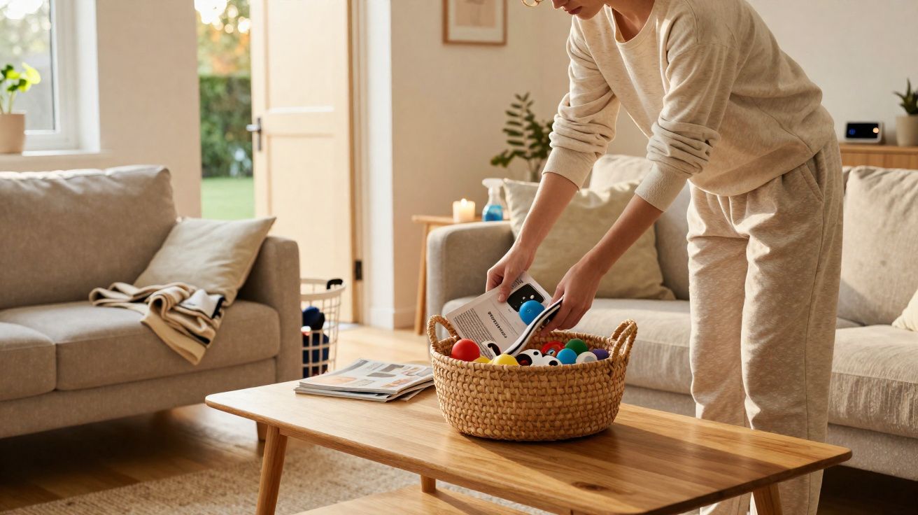 Pessoa a arrumar livros numa cesta de palha na sala iluminada e confortável com sofás e mesa de madeira.