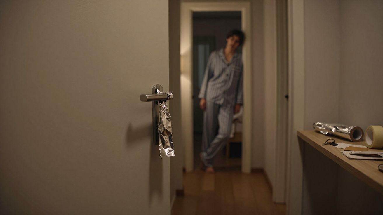 Homem de pijama encostado na porta ao fundo de corredor com porta aberta e folha presa na maçaneta.