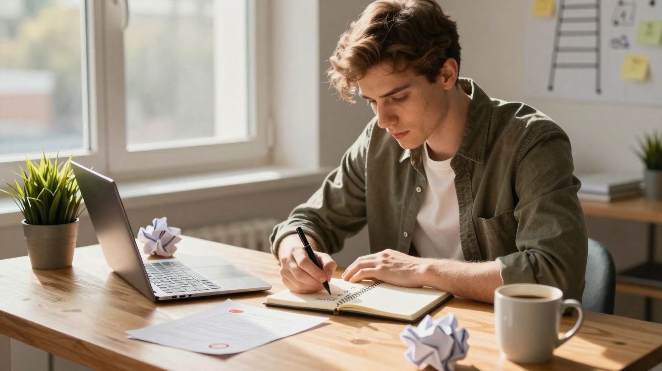 Homem jovem a escrever num caderno enquanto está sentado numa secretária com computador portátil e chá.