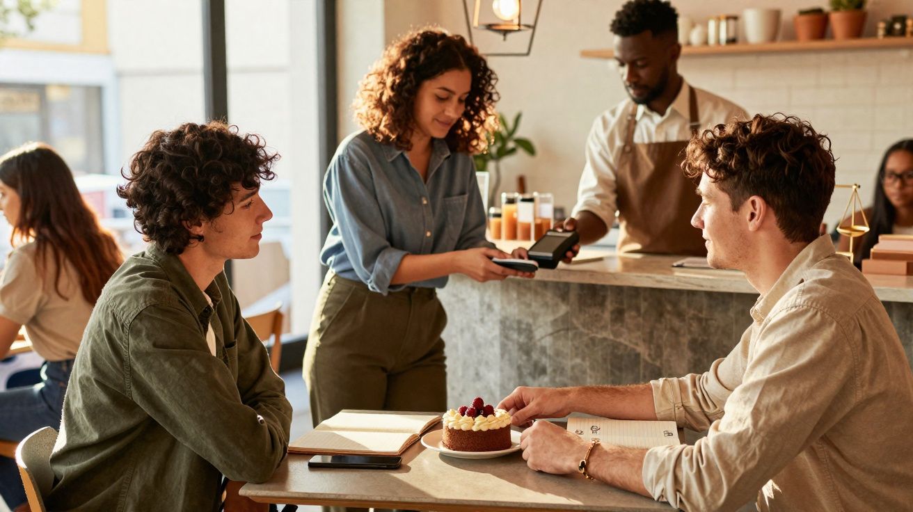 Dois homens sentados numa mesa de café com um bolo, enquanto uma mulher faz pagamento com terminal POS.