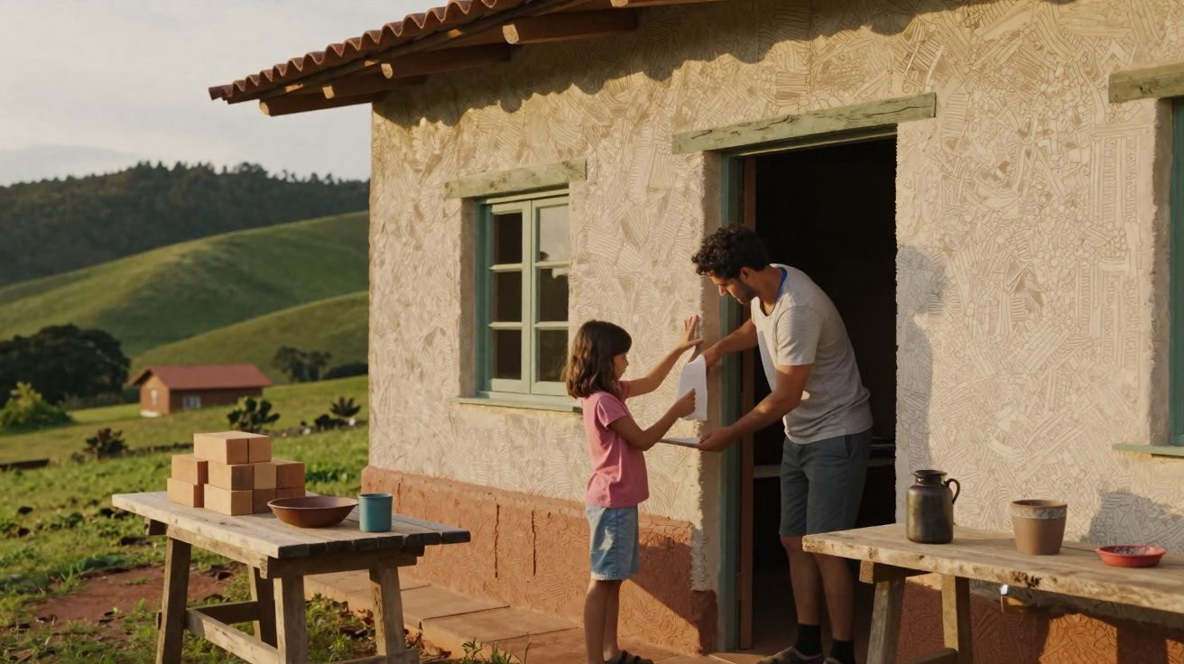 Homem entrega envelope a criança à porta de casa em zona rural com mesas e colinas ao fundo.