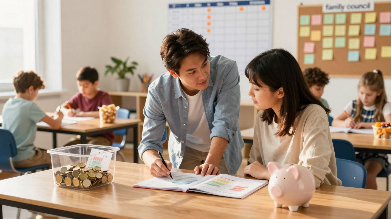Professor ajuda aluna com lição numa sala de aula com moedas e mealheiro em cima da mesa.