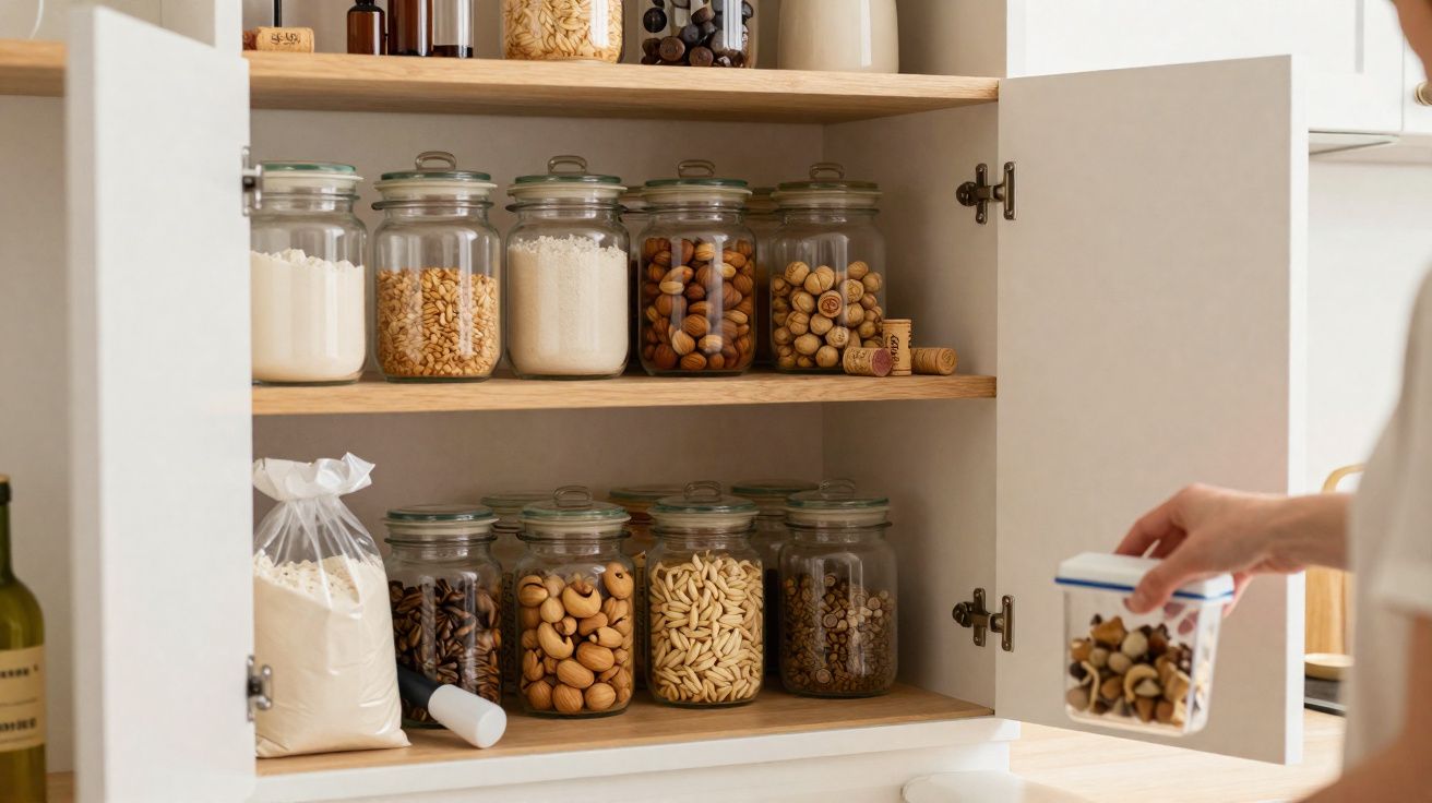 Armário de cozinha com frascos de vidro contendo cereais, nozes e sementes, mão a guardar recipiente.