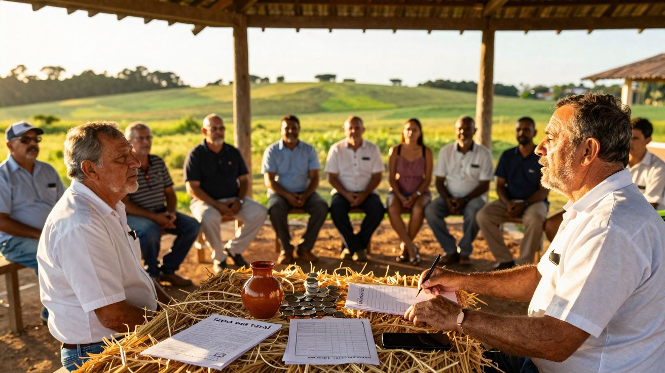 Grupo de pessoas sentadas em círculo ao ar livre com duas a tomar notas numa mesa com palha.
