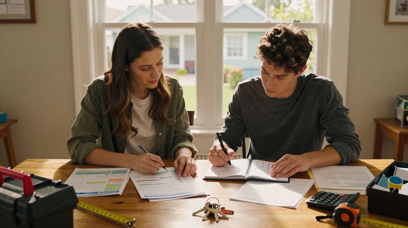 Casal jovem a estudar e fazer contas numa mesa com documentos e material de escritório perto da janela.