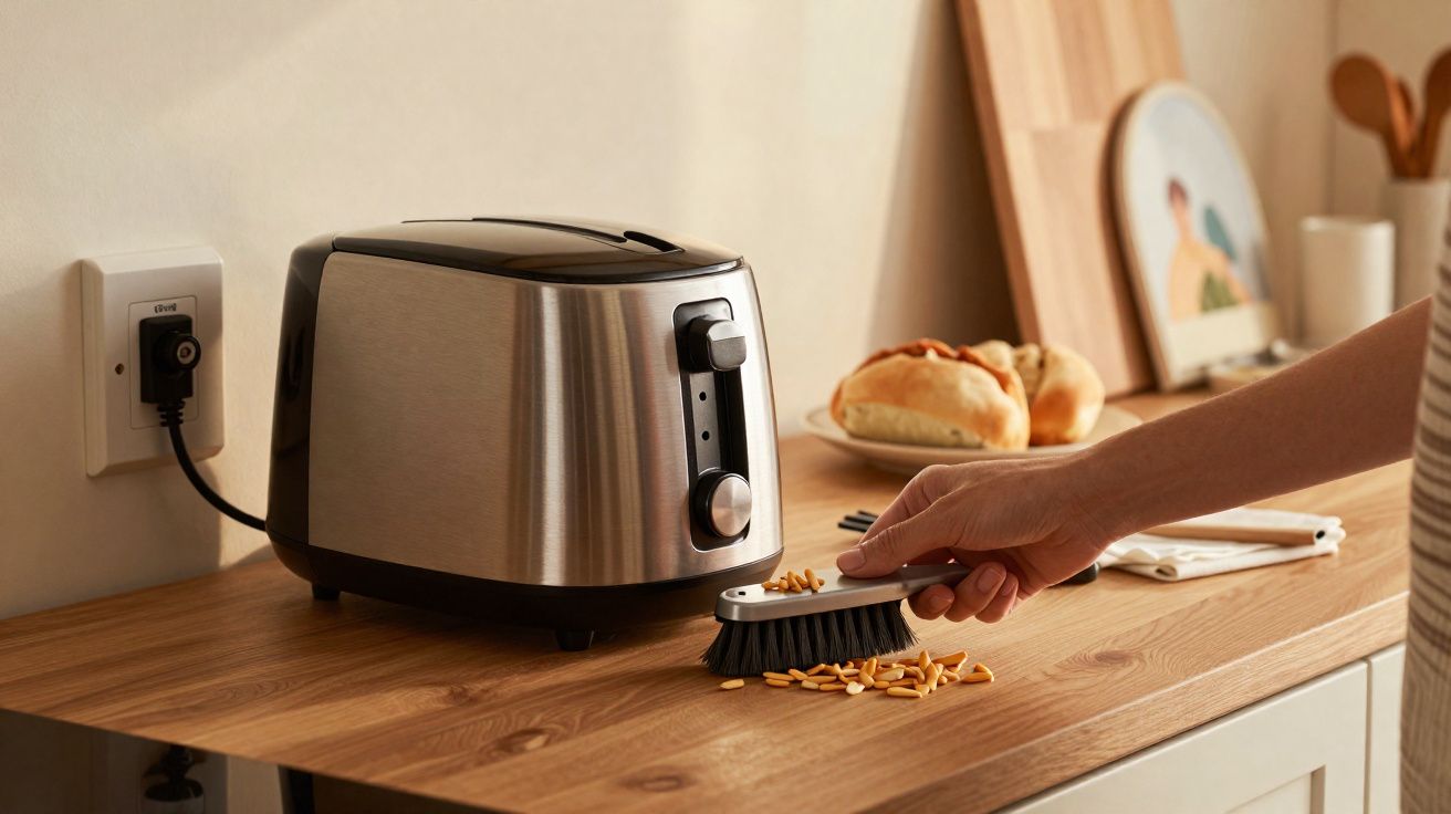 Torradeira metálica numa bancada de cozinha, com mão a varrer migalhas com escova pequena.