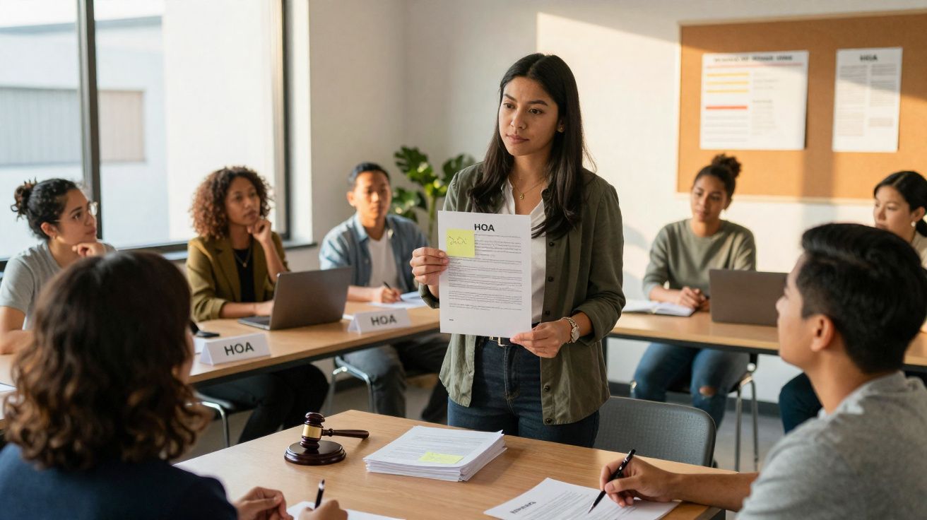 Pessoa a apresentar documento numa reunião formal com várias pessoas sentadas à volta de mesas.