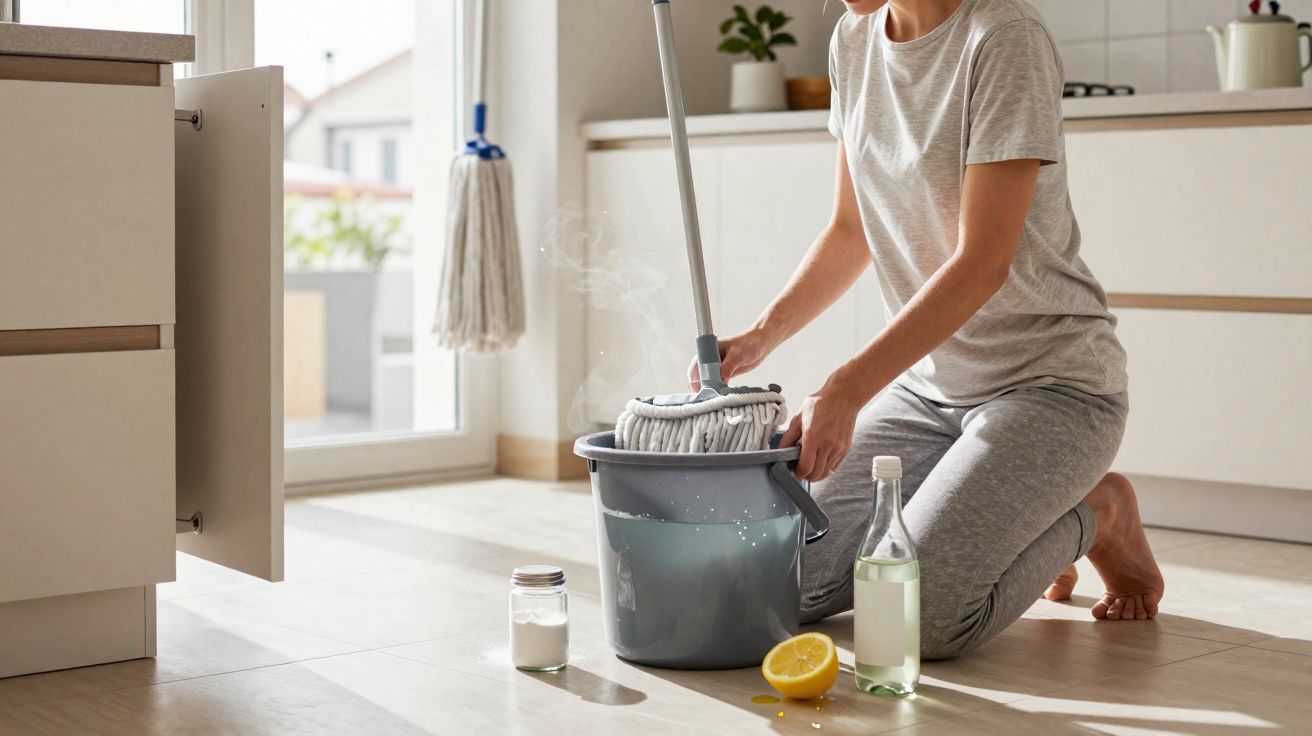 Pessoa a limpar chão de cozinha com esfregona e balde, com limão e garrafa de vinagre ao lado.