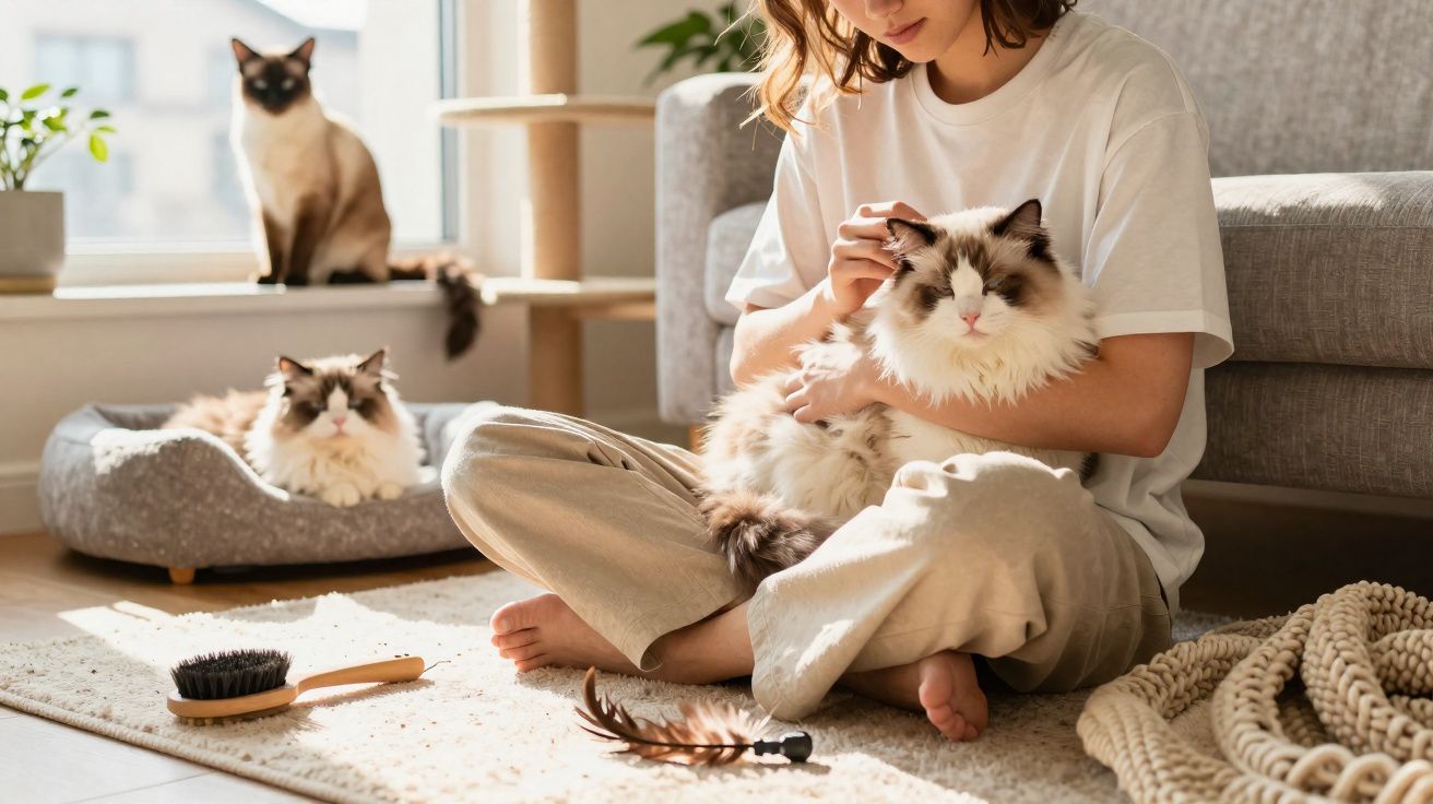 Mulher sentada no chão a acariciar um gato, com mais dois gatos e acessórios num ambiente iluminado.