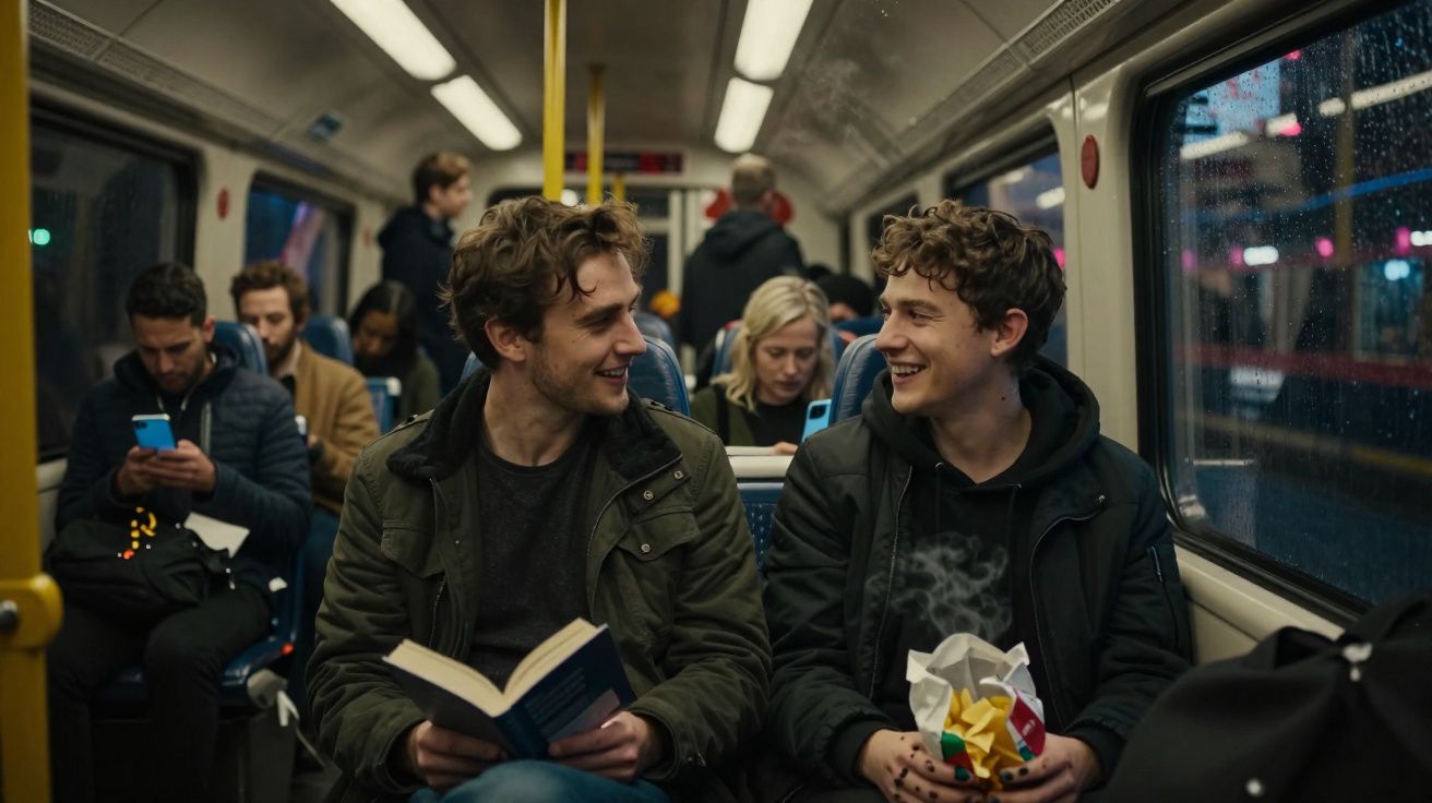 Dois jovens sentados num comboio, um a ler um livro e outro a comer batatas fritas, ambos sorrindo.