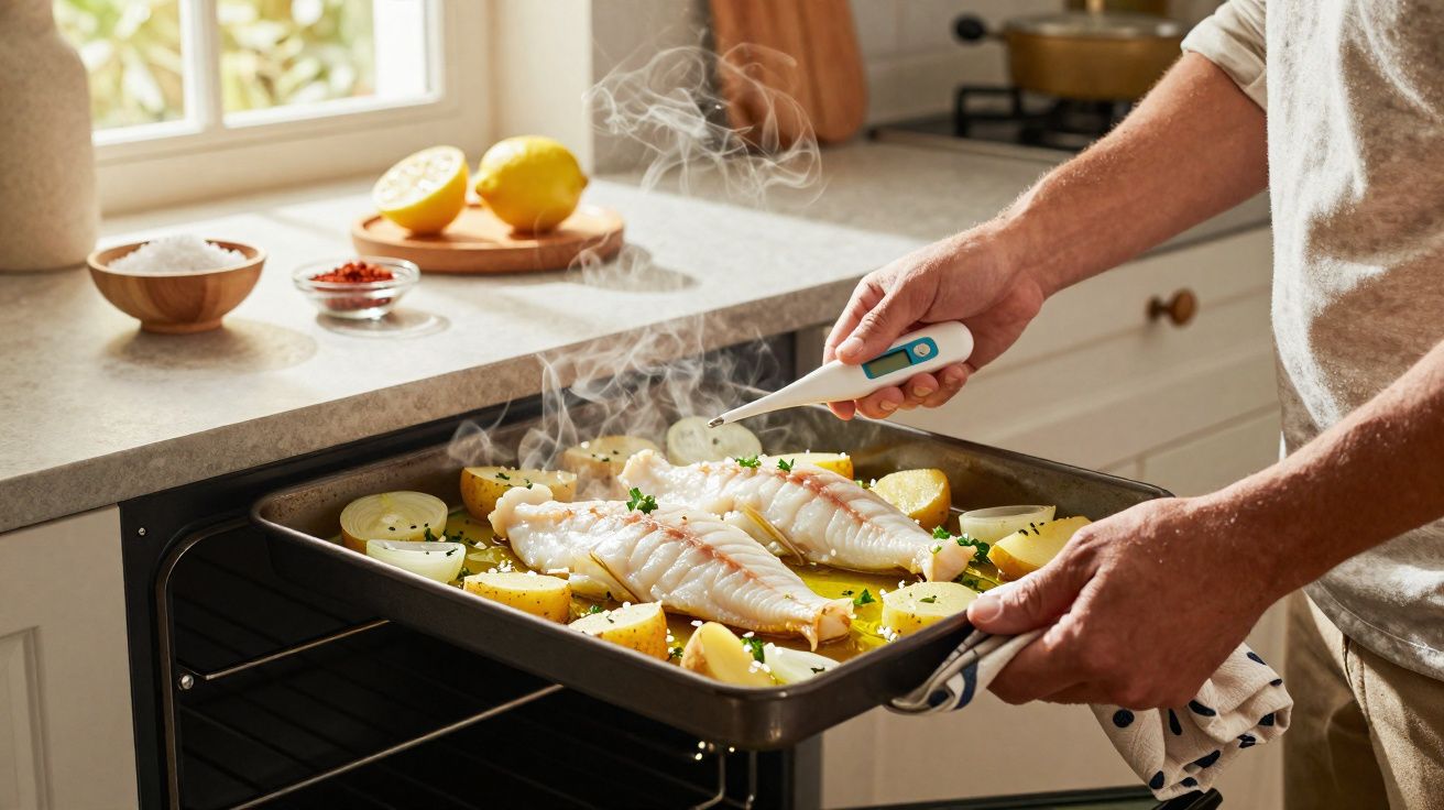 Pessoa a colocar tabuleiro com peixe e batatas no forno numa cozinha iluminada natural.