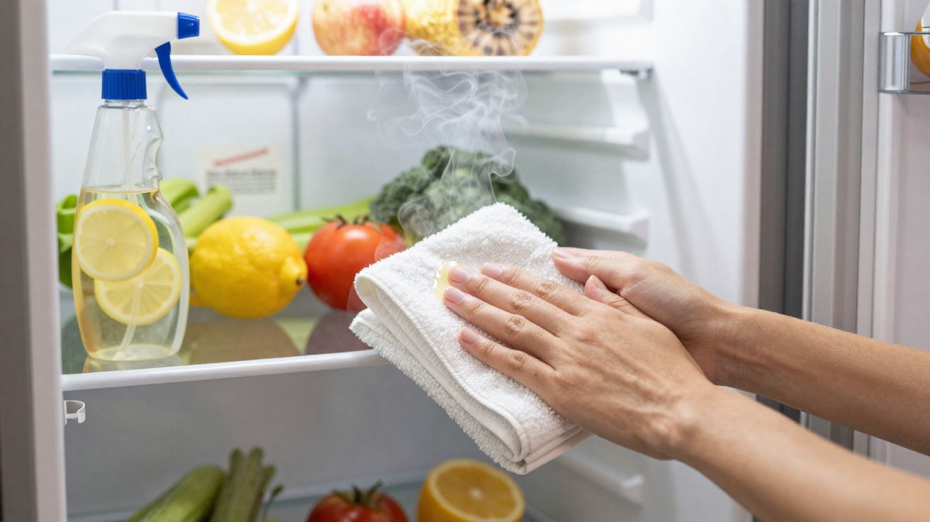 Mãos a limpar o interior de um frigorífico com um pano branco e vapor, com legumes e limões visíveis.