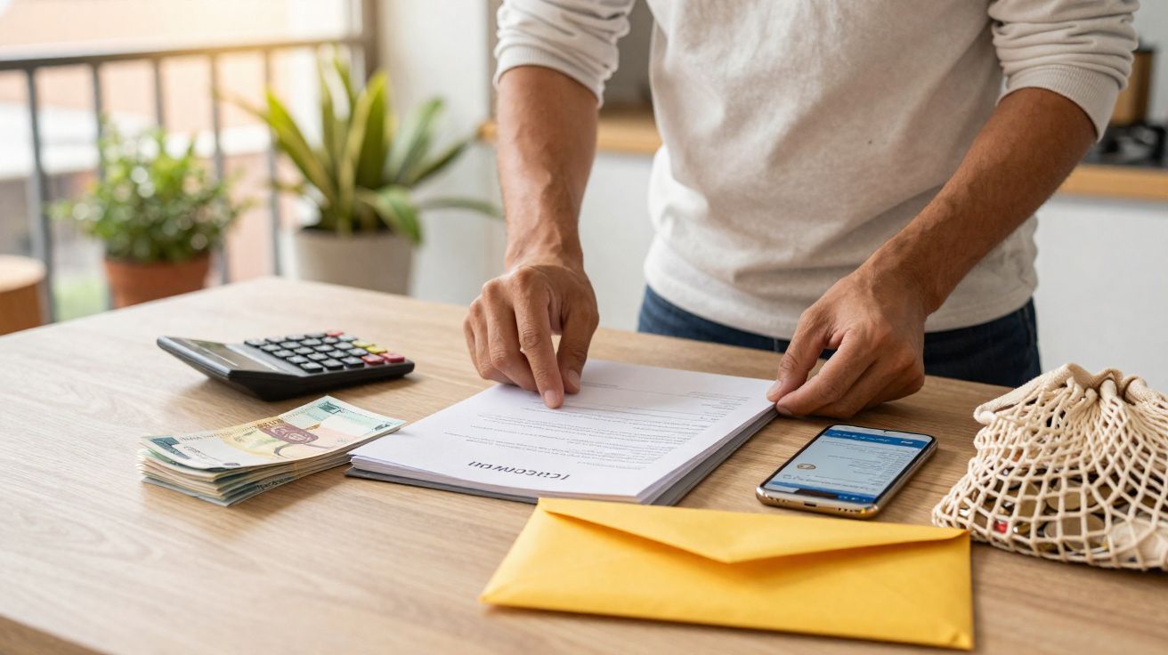 Mãos a assinar documento de rescisão, mesa com envelope amarelo, telemóvel, calculadora e dinheiro.
