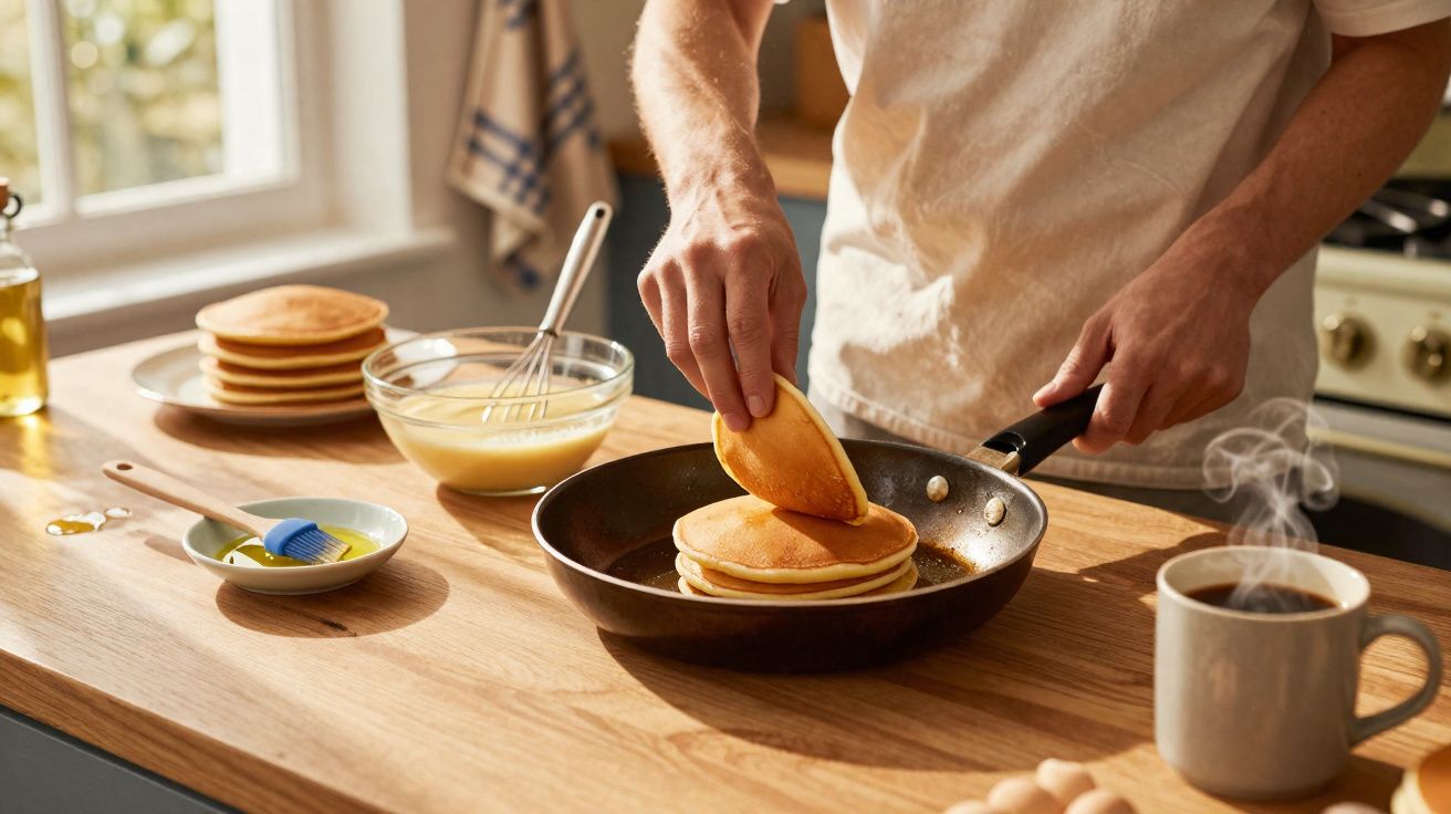 Pessoa a cozinhar panquecas numa frigideira numa cozinha iluminada pela manhã.