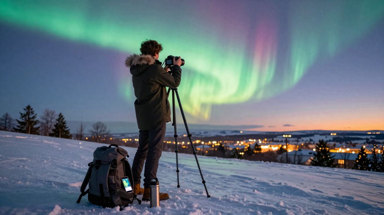 Pessoa a fotografar a aurora boreal com tripé numa paisagem nevada perto de uma vila ao anoitecer.