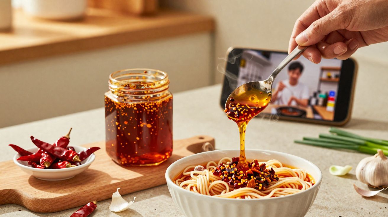 Mão a despejar molho picante sobre prato de esparguete, com frasco e malaguetas ao lado e vídeo no telemóvel.