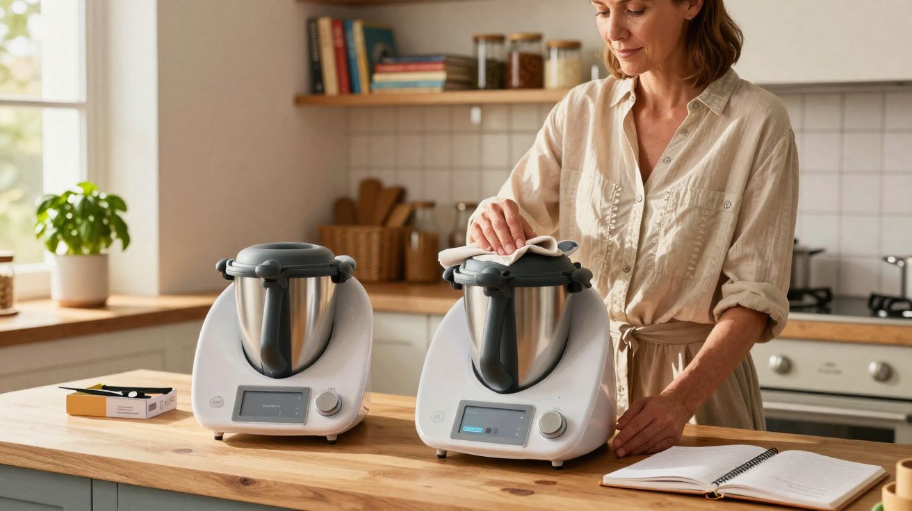 Mulher a limpar tampa de robot de cozinha branco numa cozinha moderna com bancada de madeira.