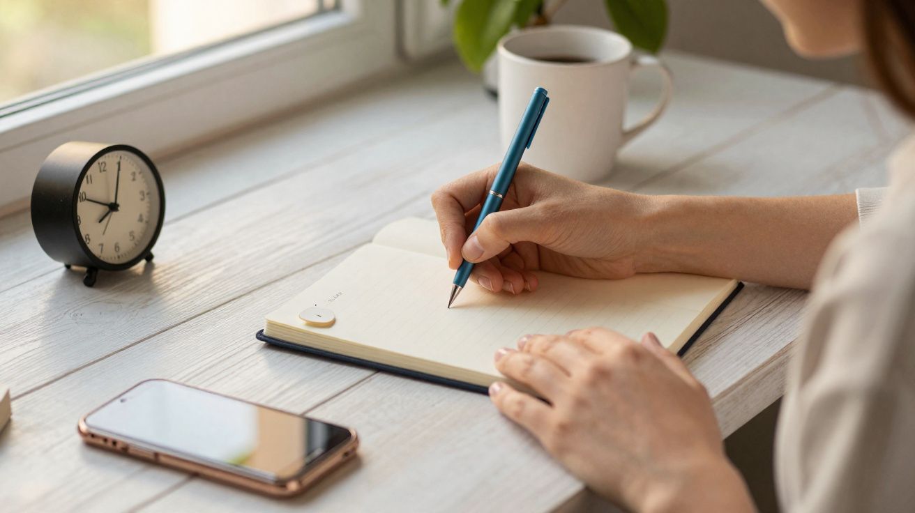 Pessoa a escrever num caderno numa secretária com um relógio, telemóvel e caneca junto a uma janela.